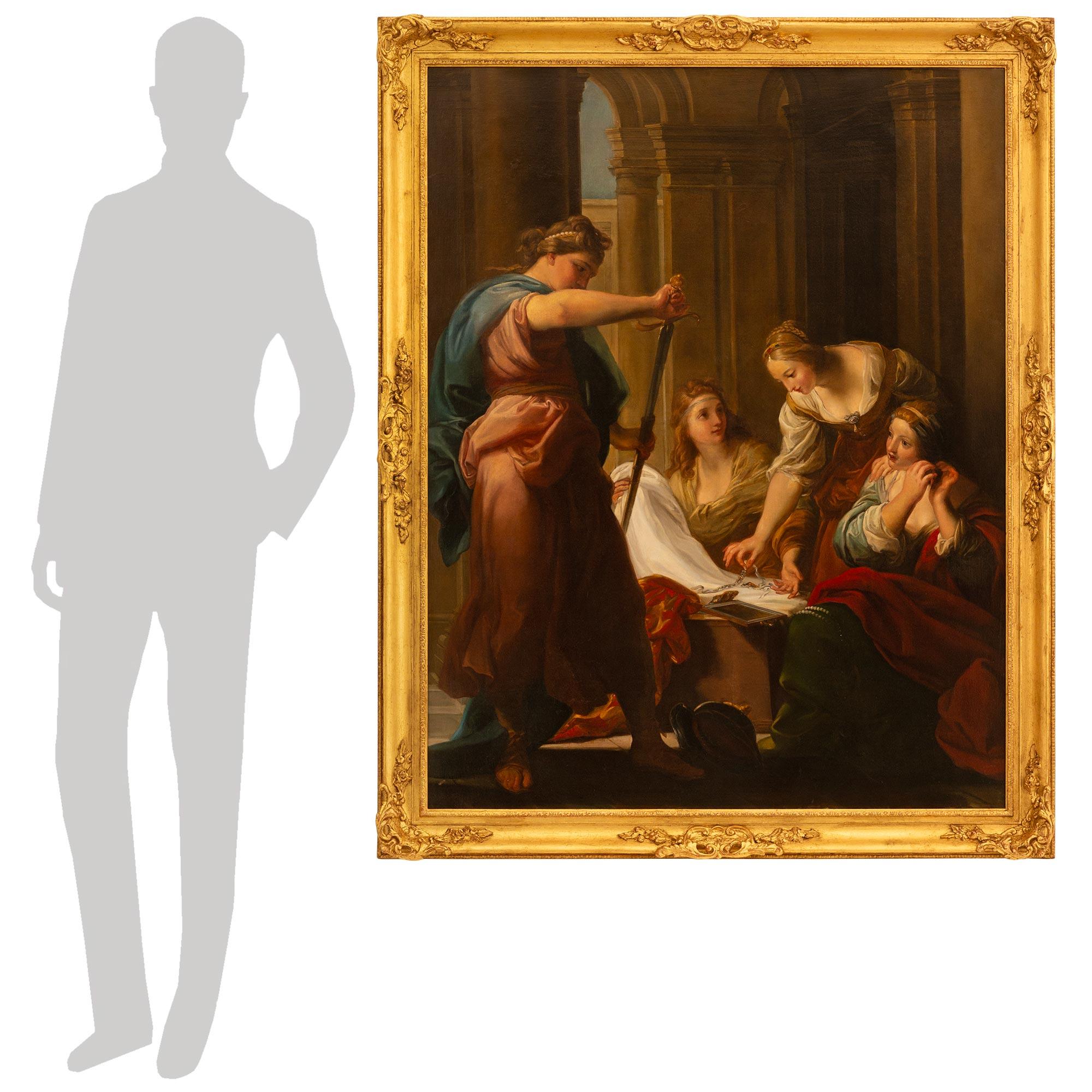Un sensazionale ed eccezionalmente dettagliato dipinto italiano del XVIII secolo in legno dorato e olio su tela raffigurante Achille alla corte di Licomede, alla maniera di Pompeo Batoni. Questo imponente dipinto è inserito in una cornice in legno