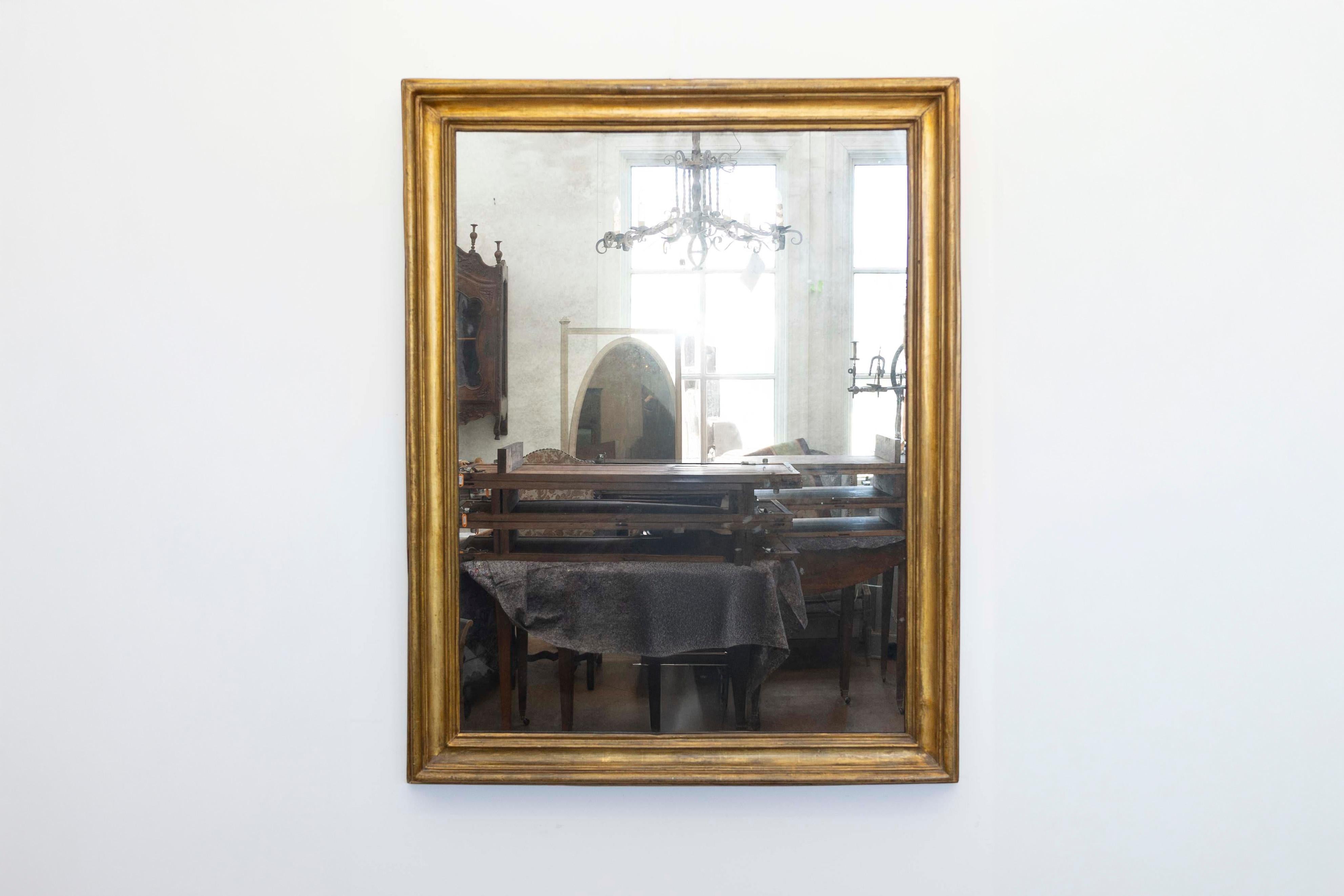 Miroir italien en bois doré du XVIIIe siècle, présentant un caractère rustique et une élégance intemporelle. Cette pièce exquise, qui était à l'origine un cadre, a été transformée de manière experte en un superbe miroir, incarnant la beauté de