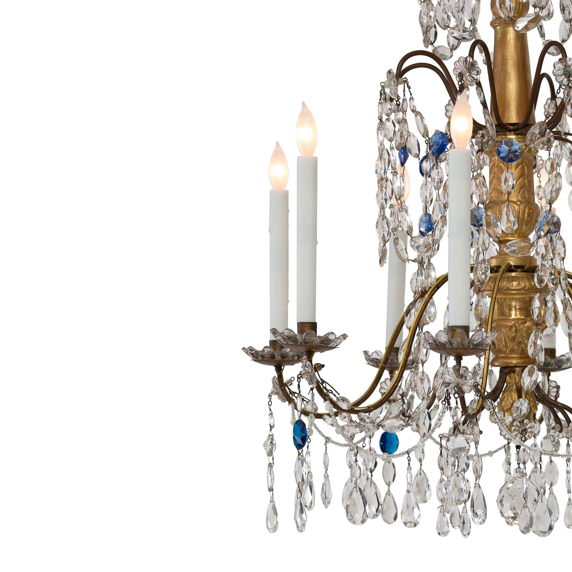 18th Century and Earlier  Italian 18th Century Giltwood, Gilt Metal and Glass Eight-Light Chandelier