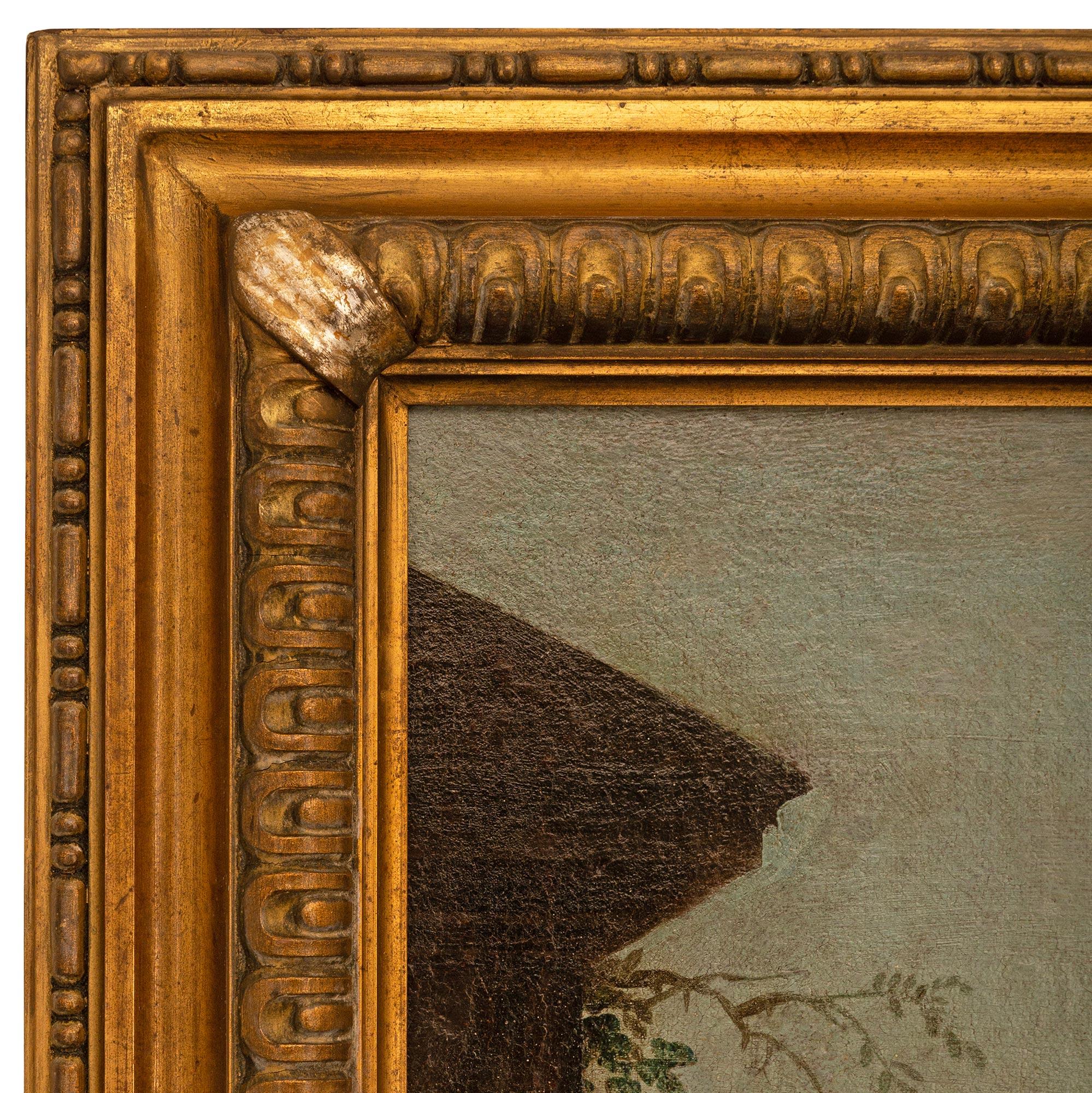 Cuadro italiano del siglo XVIII de madera dorada, meca y óleo sobre lienzo Aceitado en venta