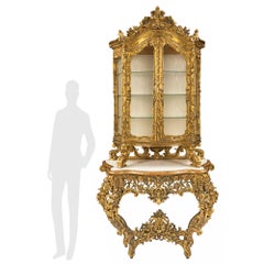 Italian 18th Century Giltwood, Polychrome and Marble Baroque Console Vitrine