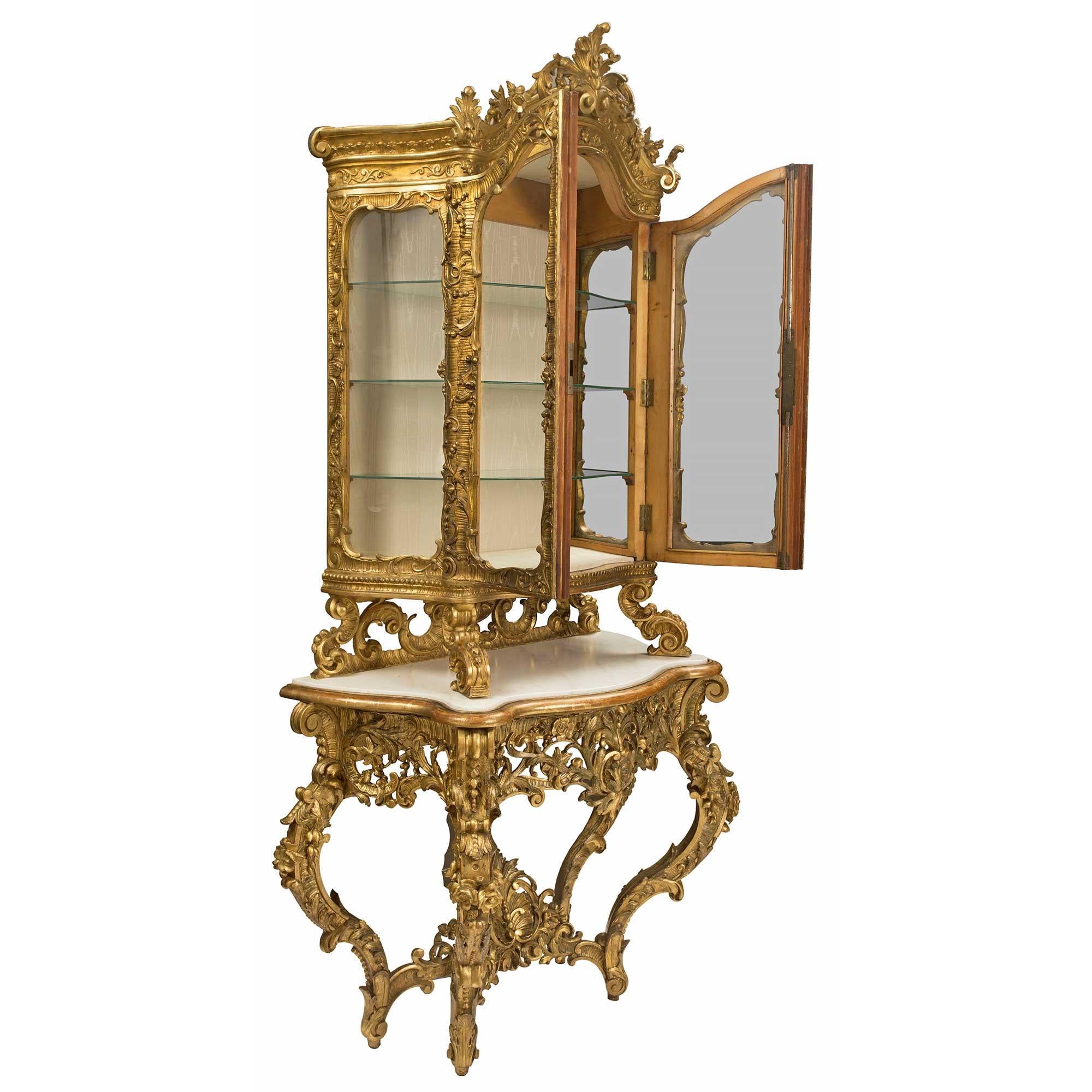 18th Century and Earlier Italian 18th Century Giltwood, Polychrome and Marble Baroque Console Vitrine For Sale