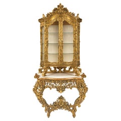 Consola Vitrina barroca italiana del siglo XVIII en madera dorada, policromada y mármol