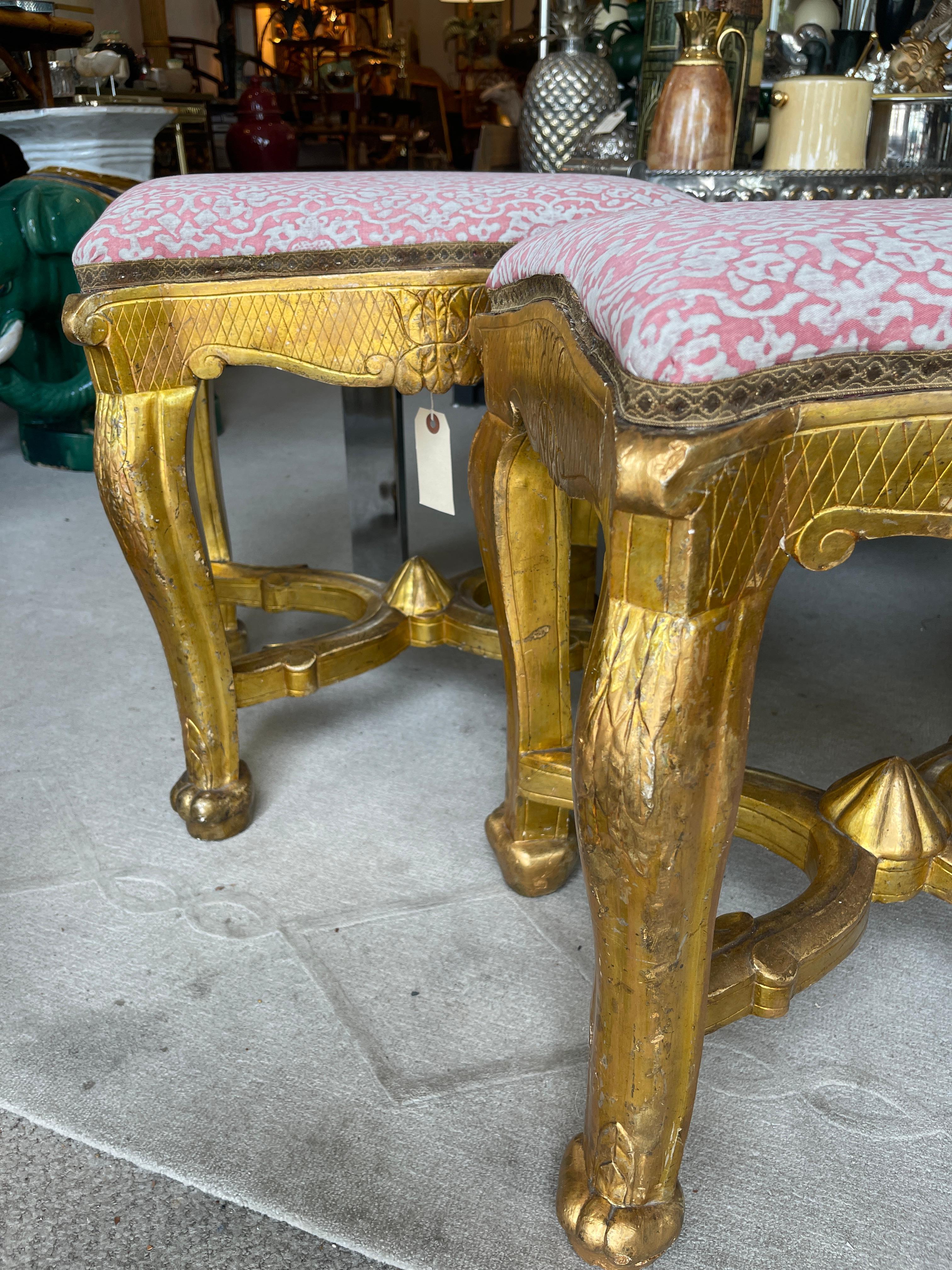 18th Century Italian 18th-Century Giltwood Stools With Fortuny Fabric, a -Pair