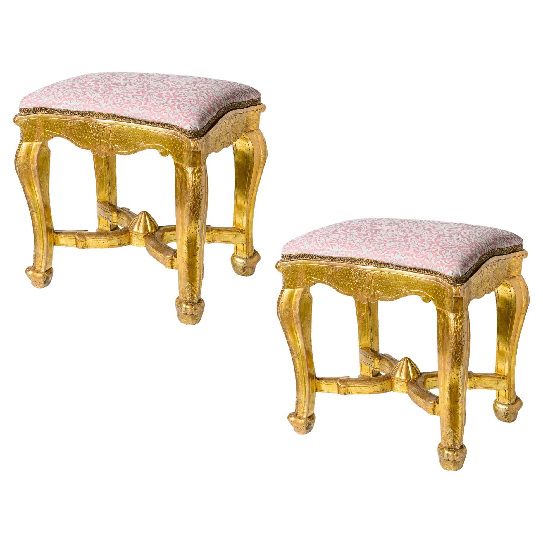 Italian 18th-Century Giltwood Stools With Fortuny Fabric, a -Pair
