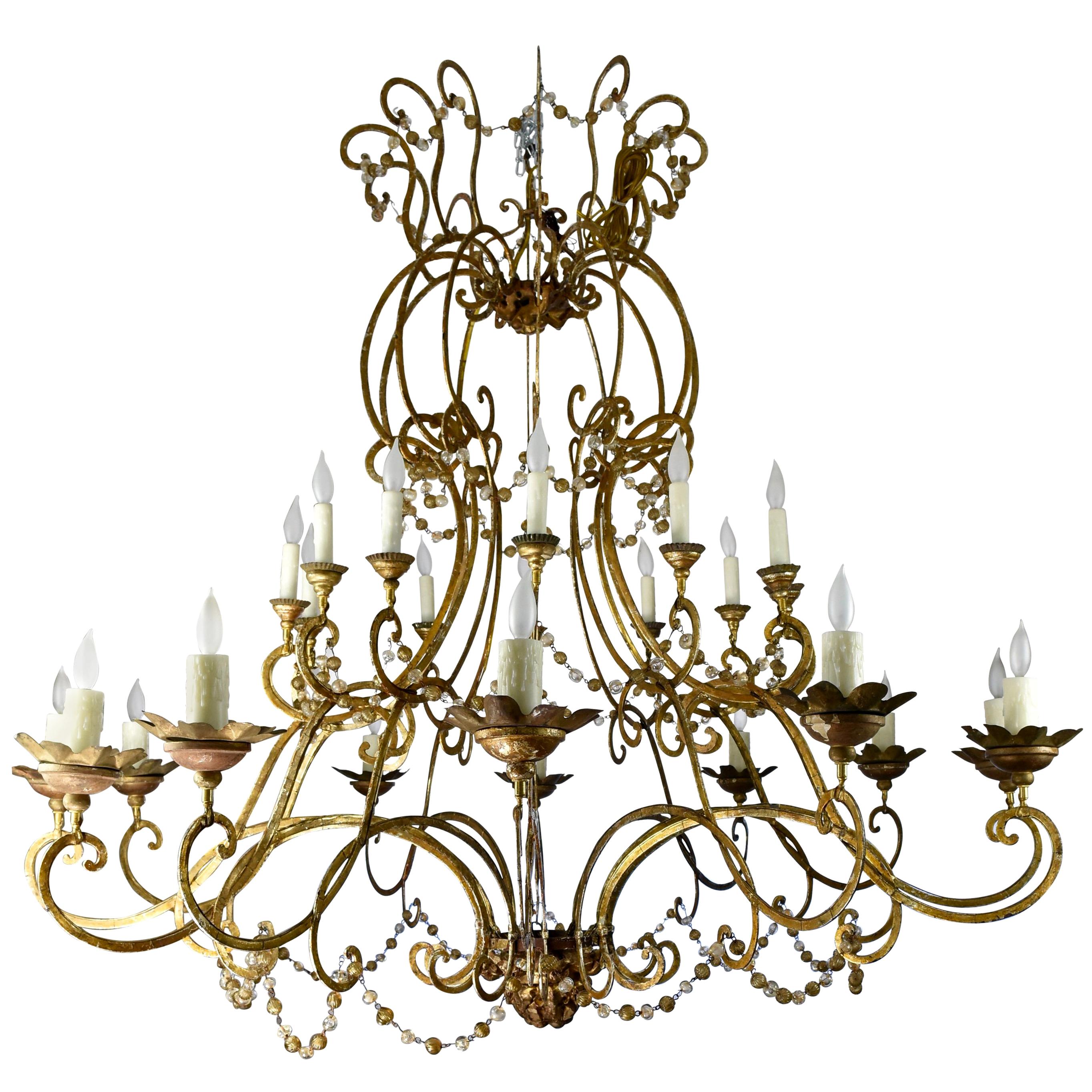 Italian 18th Century Gold Gilt Elements, Glass Bead and Iron Chandelier