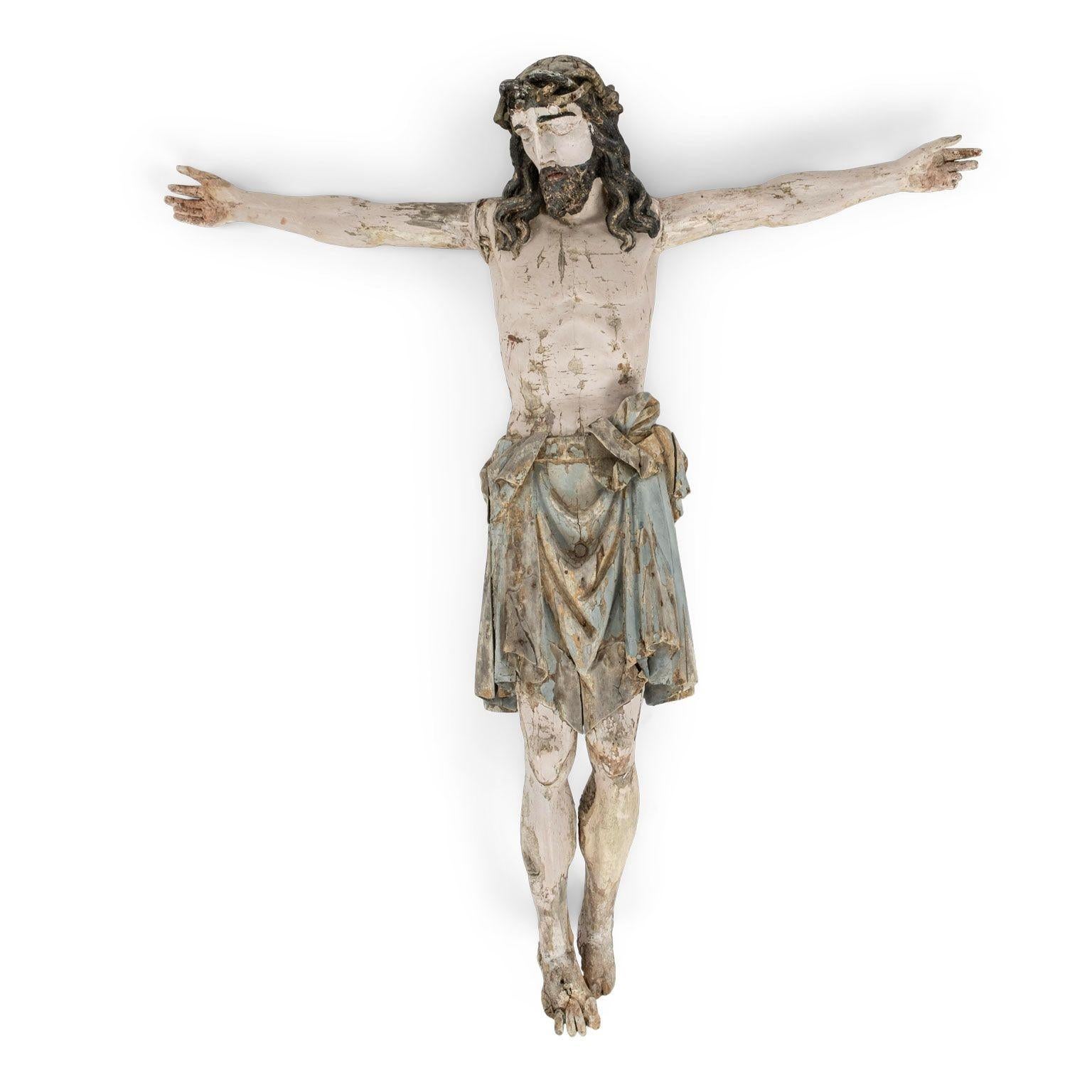 Italian 18th century hand-carved Corpus Christi, in original paint, or in some small areas early paint.

Note: Original/early finish on antique and vintage metal will include some, or all, of the following: patina, scaling, light rust,