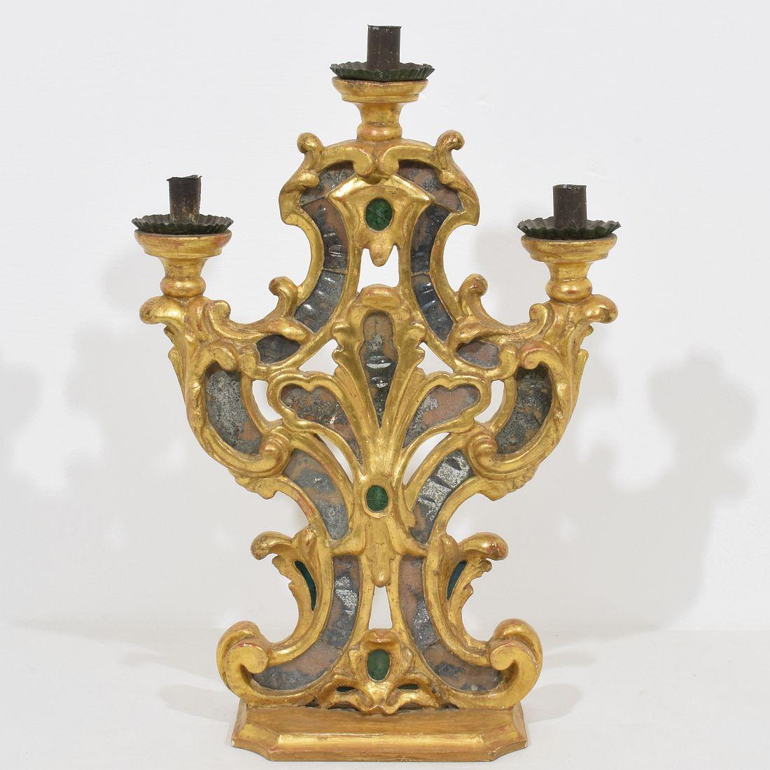 Hand-Carved Italian 18th Century Hand Carved Giltwood Baroque Candleholder with Mirrors