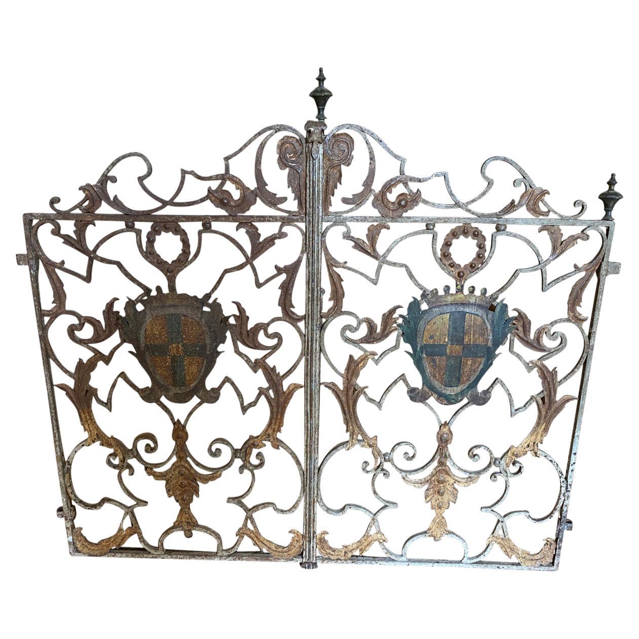 A delightful pair of 18th century ornamental iron gates from Italy. Beautifully crafted from iron with Blasson - Family Crest decoration. Not only wonderful as gates, but would be fabulous converted into a fireplace screen.