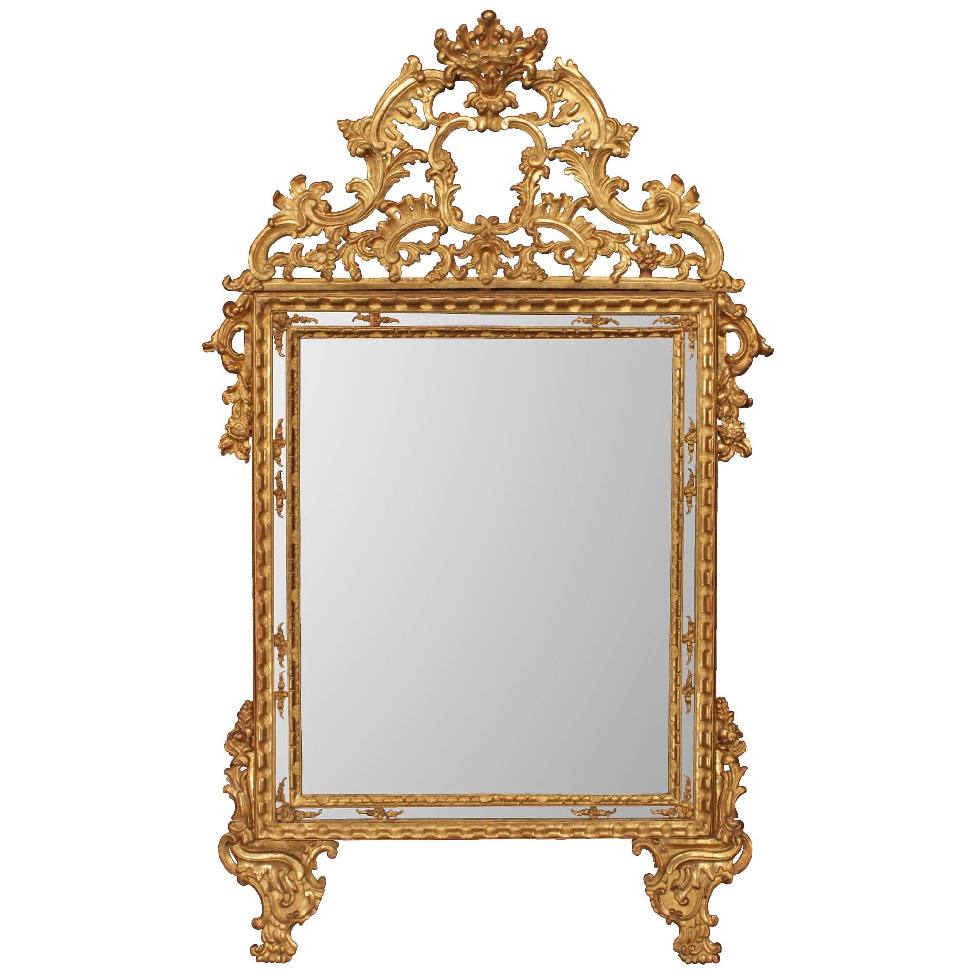 Italian 18th Century Louis XIV Period Double Framed Giltwood Mirror For Sale