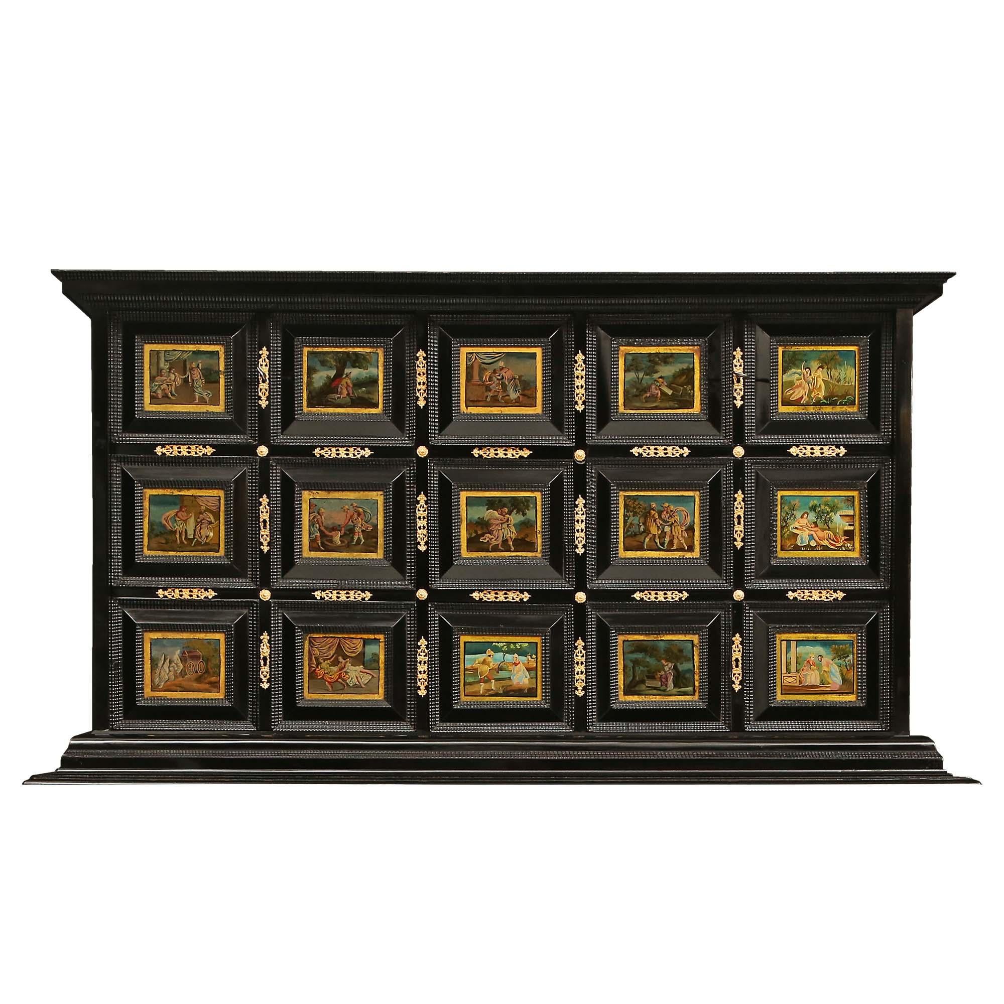 Italian 18th Century Louis XIV Period Ebony and Reverse Painted Glass Cabinet For Sale 2