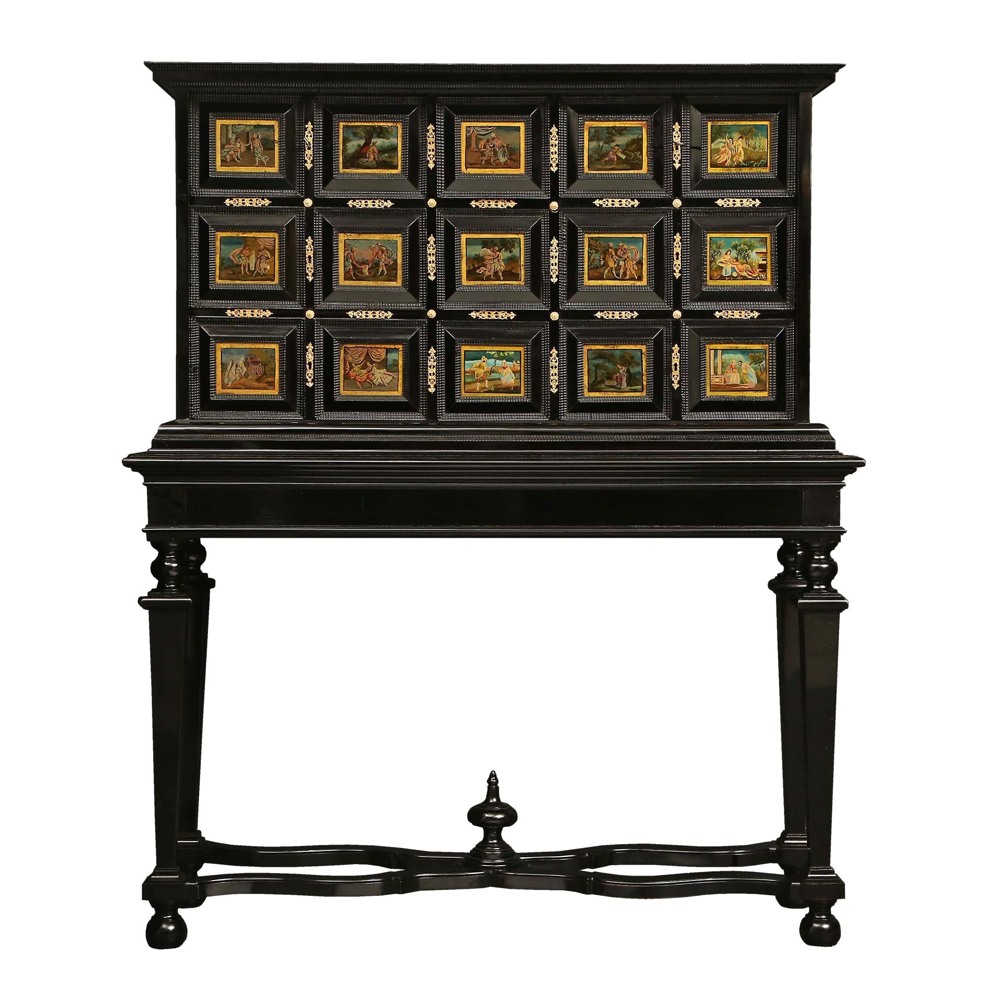 Italian 18th Century Louis XIV Period Ebony and Reverse Painted Glass Cabinet