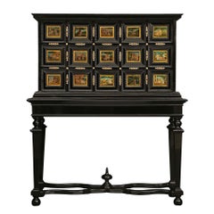 Used Italian 18th Century Louis XIV Period Ebony and Reverse Painted Glass Cabinet