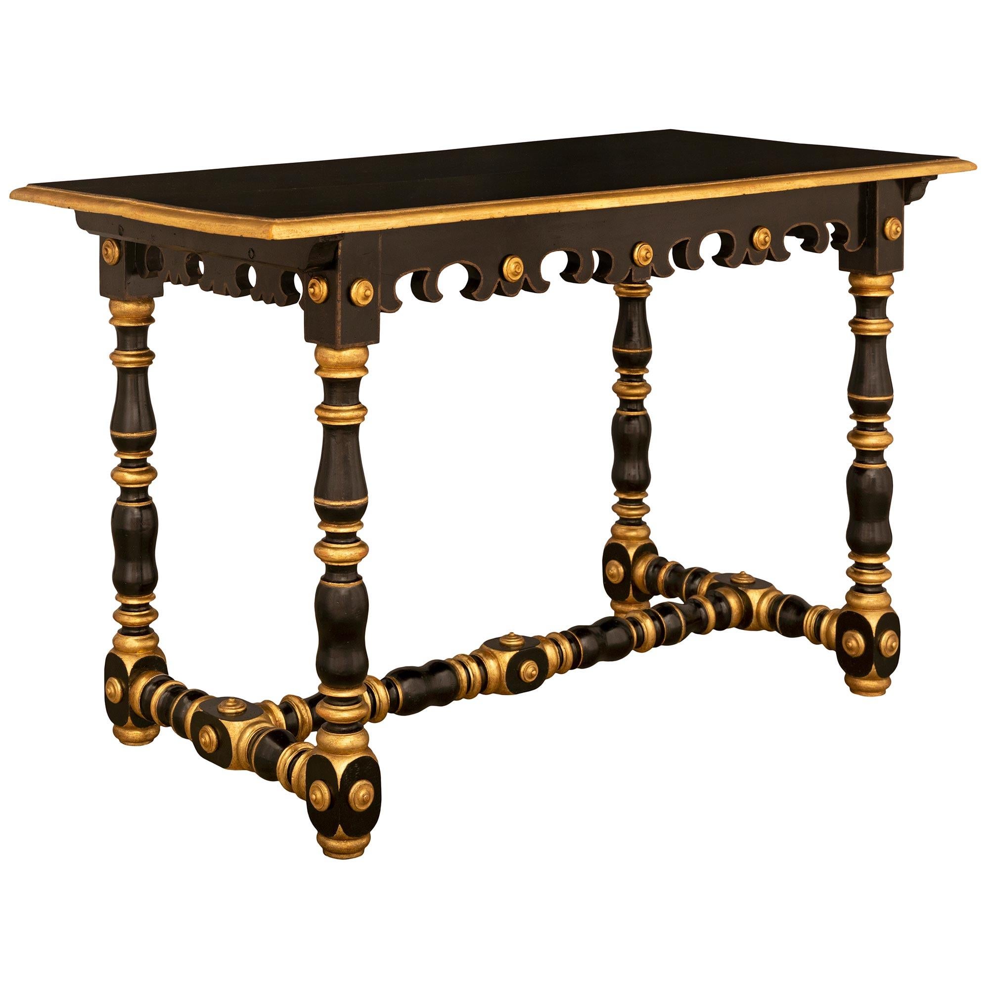 Ebonized Italian 18th Century Louis XIV Period Fruitwood & Giltwood Side/Center Table For Sale