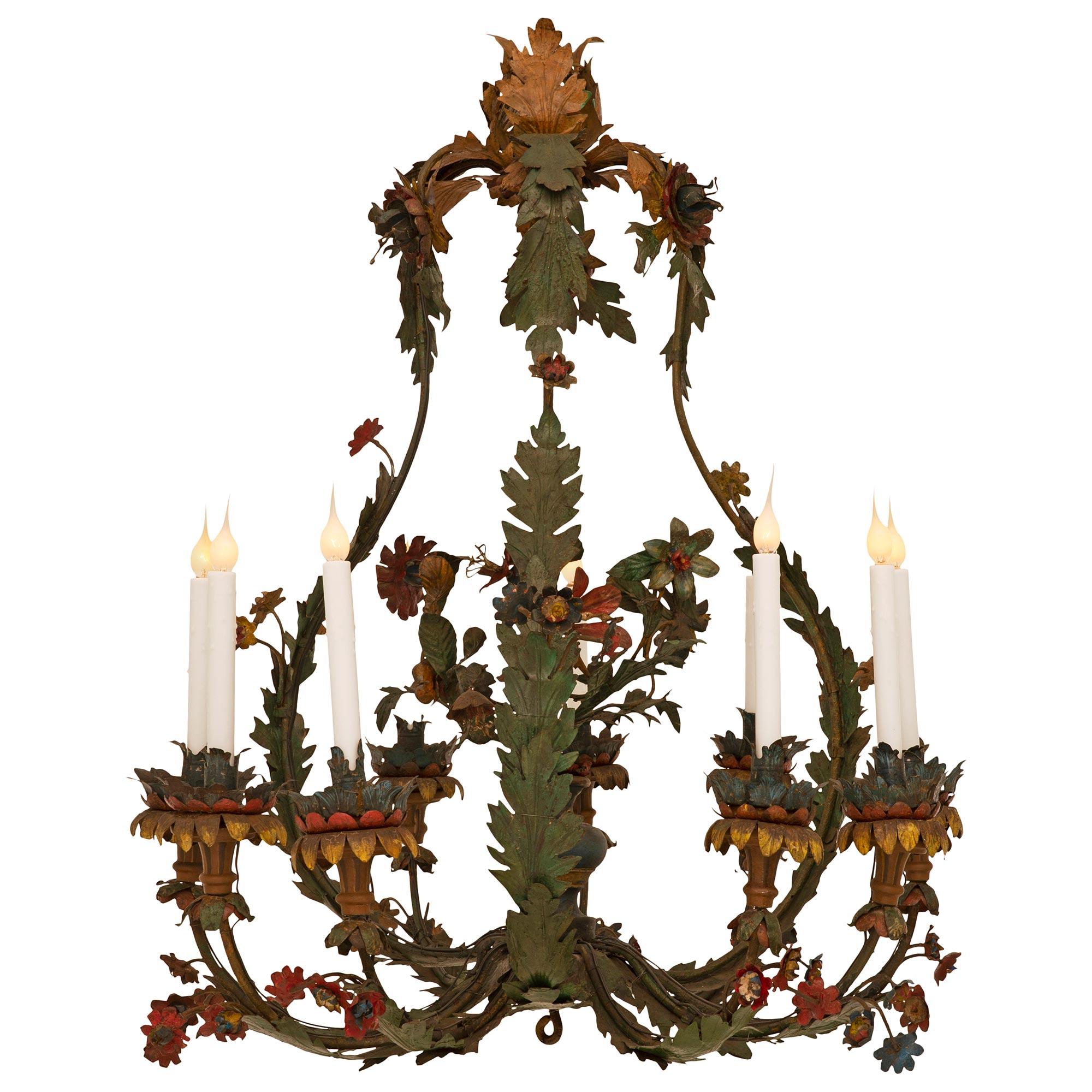 Italian 18th Century Louis XIV Period Patinated Iron and Tole Chandelier In Good Condition For Sale In West Palm Beach, FL