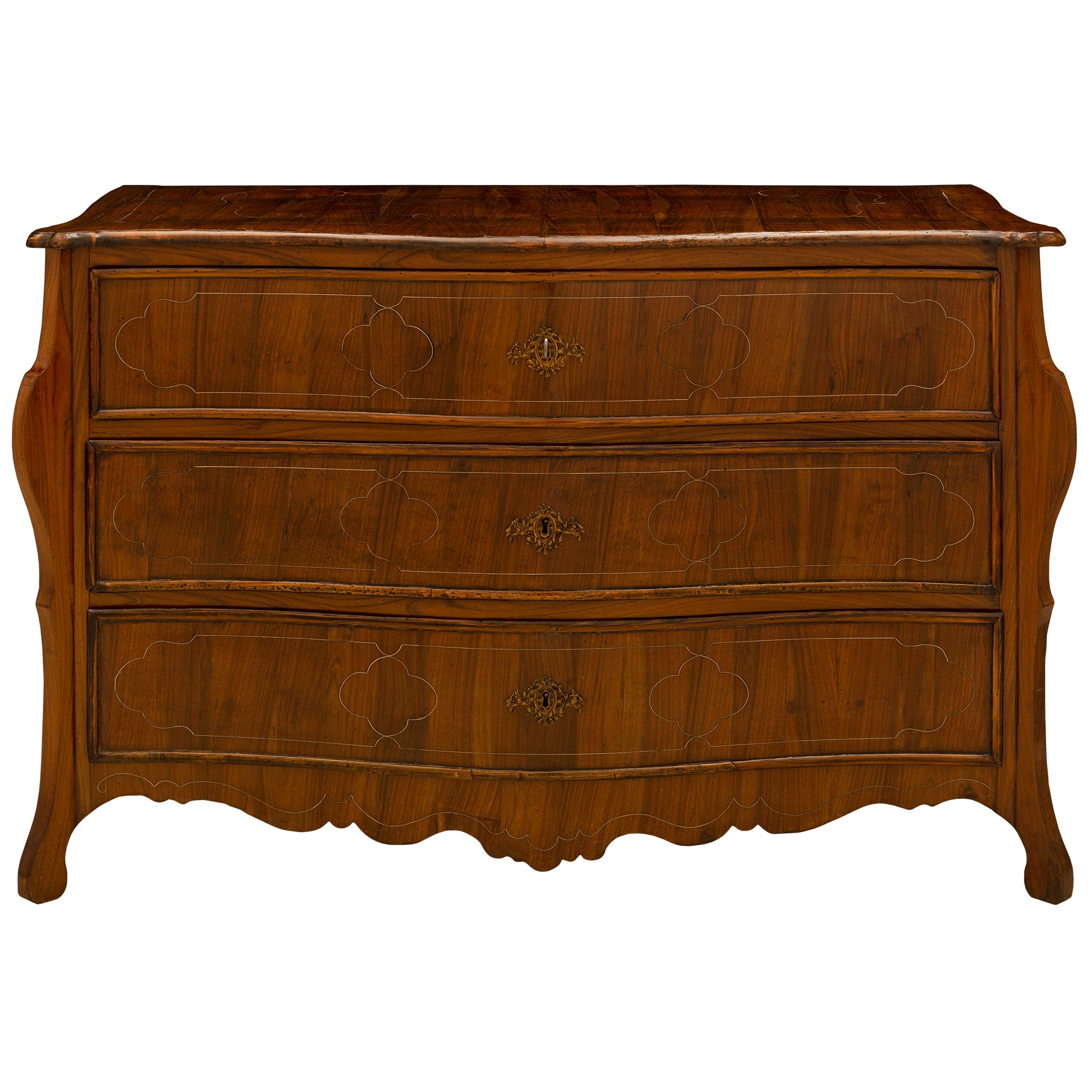 Italian 18th Century Louis XIV Period Walnut Inlaid Bombée Commode For Sale