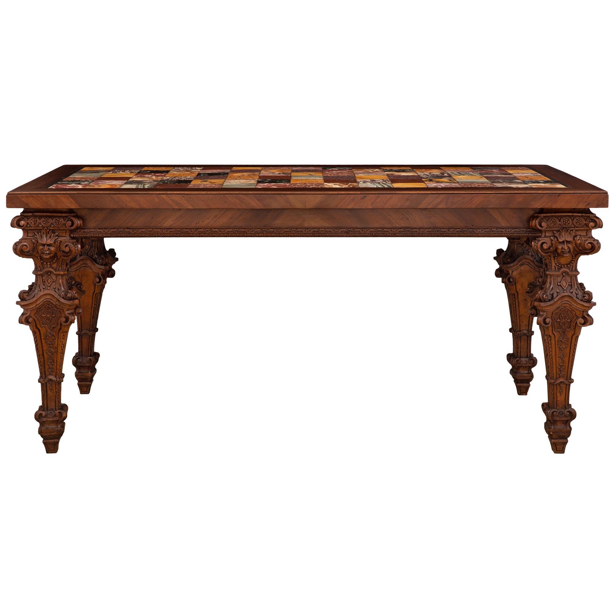 Italian 18th Century Louis XIV Style Walnut and Marble Specimen Center Table For Sale