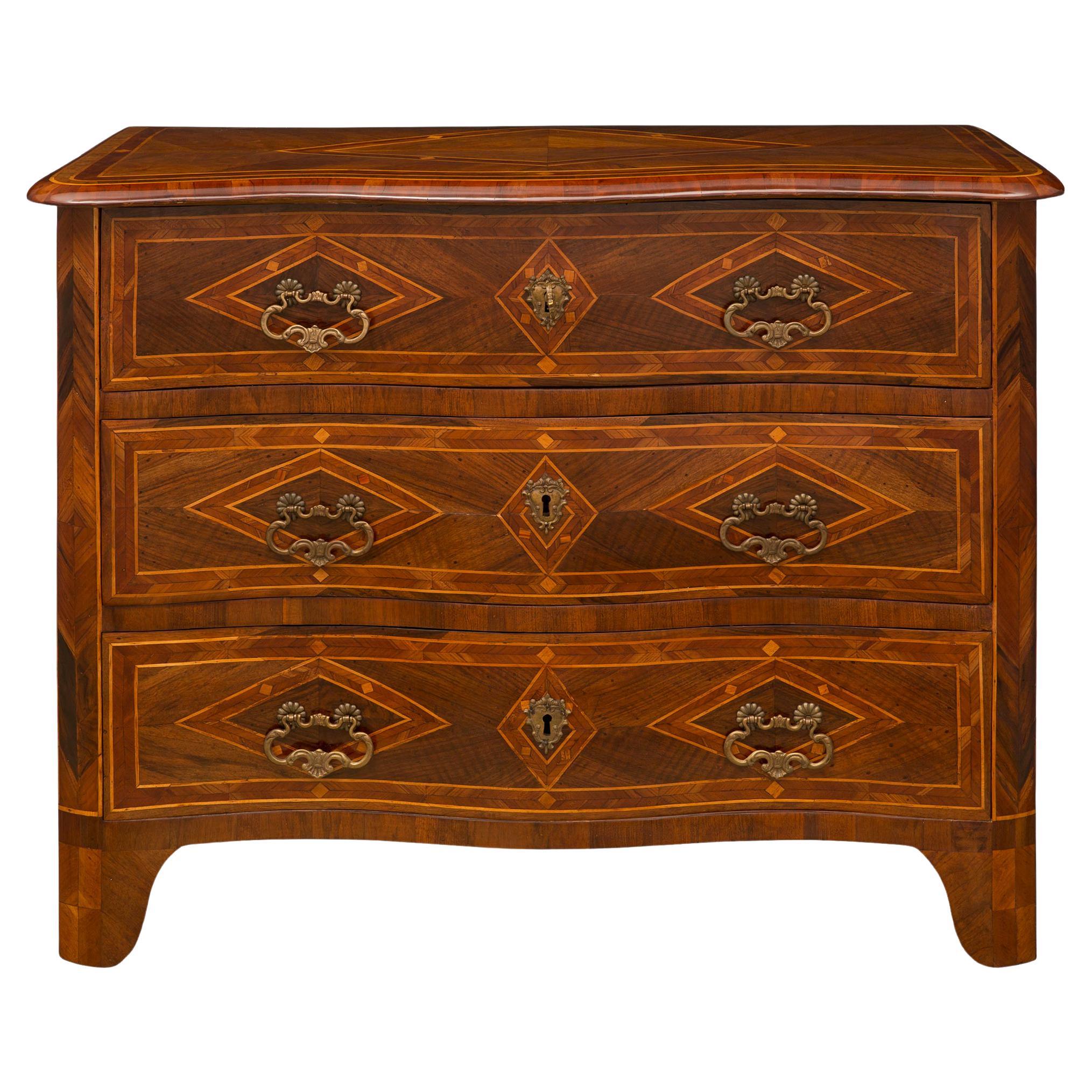 Italian 18th Century Louis XV Period Apple, Walnut and Pear Wood Commode For Sale