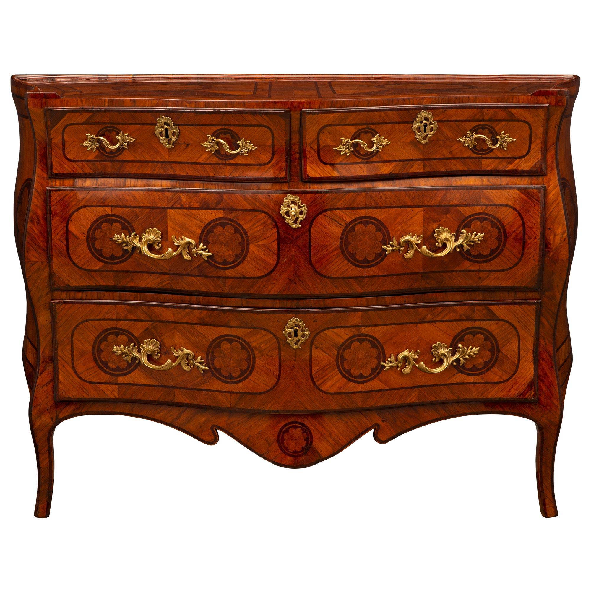 Italian 18th Century Louis XV Period Fruitwood, Kingwood and Ormolu Commode For Sale