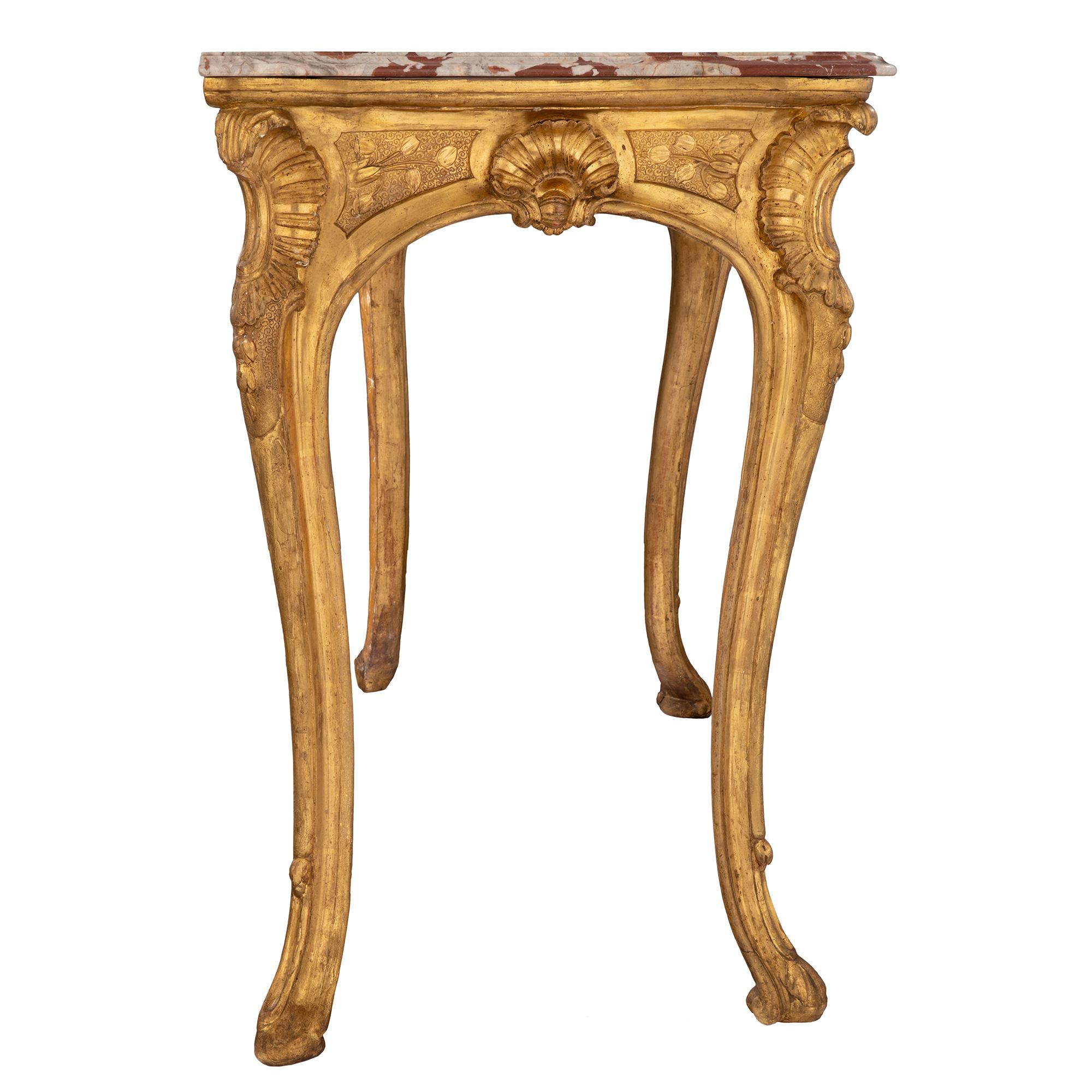 18th Century and Earlier Italian 18th Century Louis XV Period Giltwood and Marble Freestanding Console For Sale