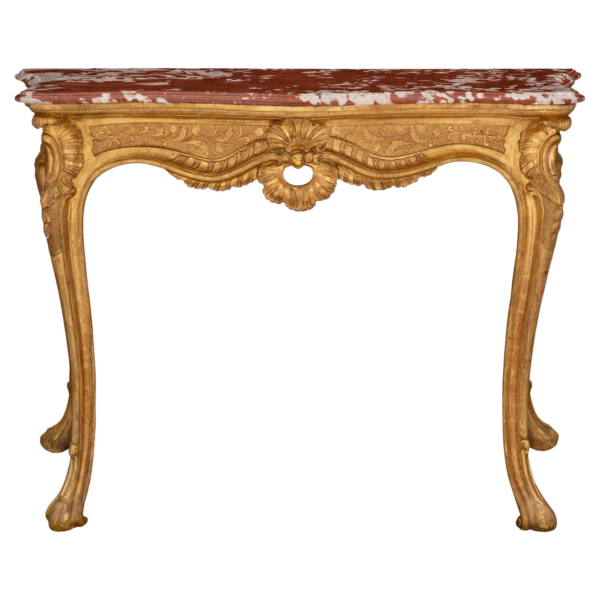 Console autoportante italienne d'époque Louis XV du 18ème siècle en bois doré et marbre