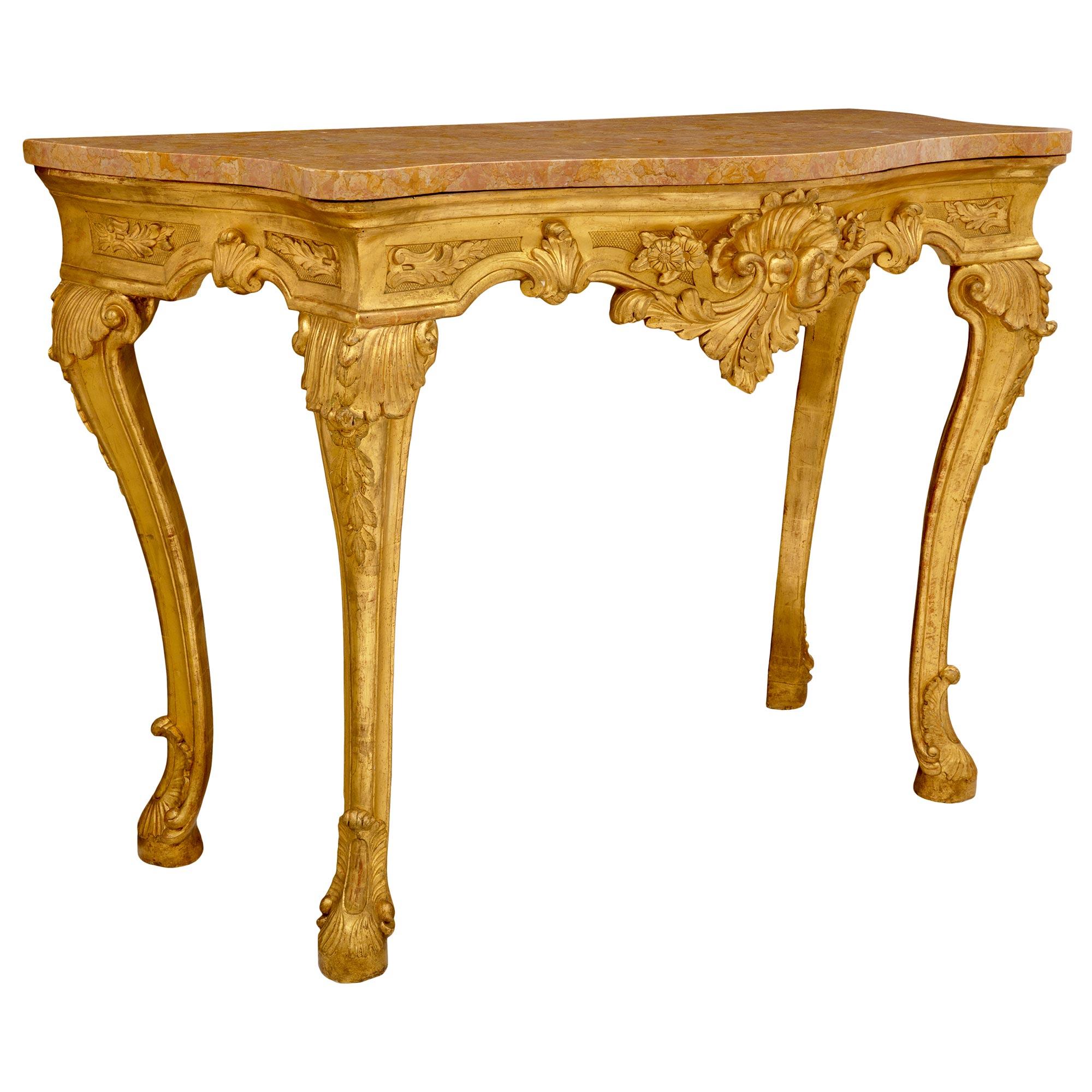 Italian 18th Century Louis XV Period Giltwood and Rose Phocéen Marble Console In Good Condition For Sale In West Palm Beach, FL