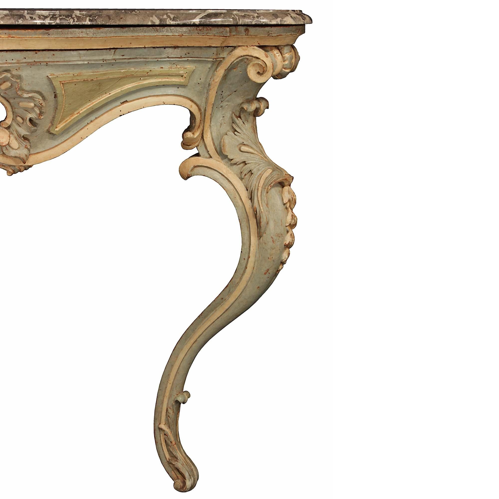 Wood Italian 18th Century Louis XV Period Patinated and Marble Console For Sale