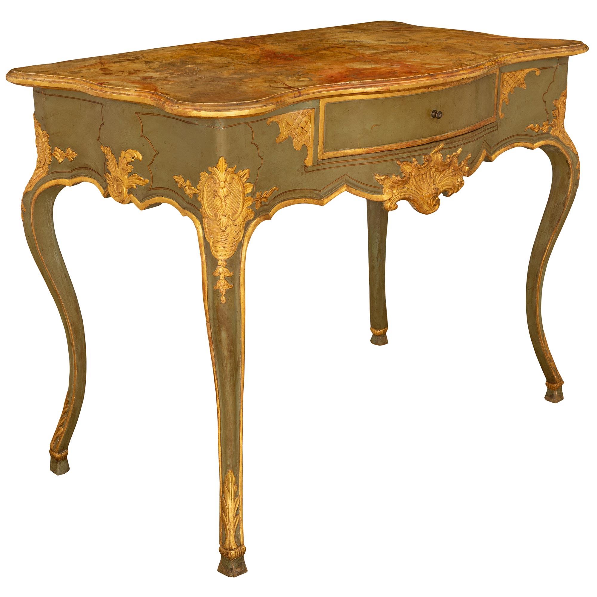 Italian 18th Century Louis XV Period Patinated Green and Gilt Console In Good Condition For Sale In West Palm Beach, FL