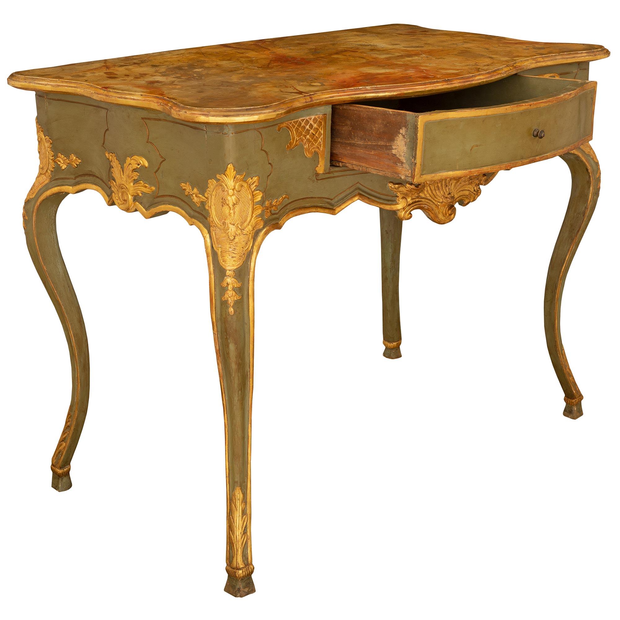 18th Century and Earlier Italian 18th Century Louis XV Period Patinated Green and Gilt Console For Sale
