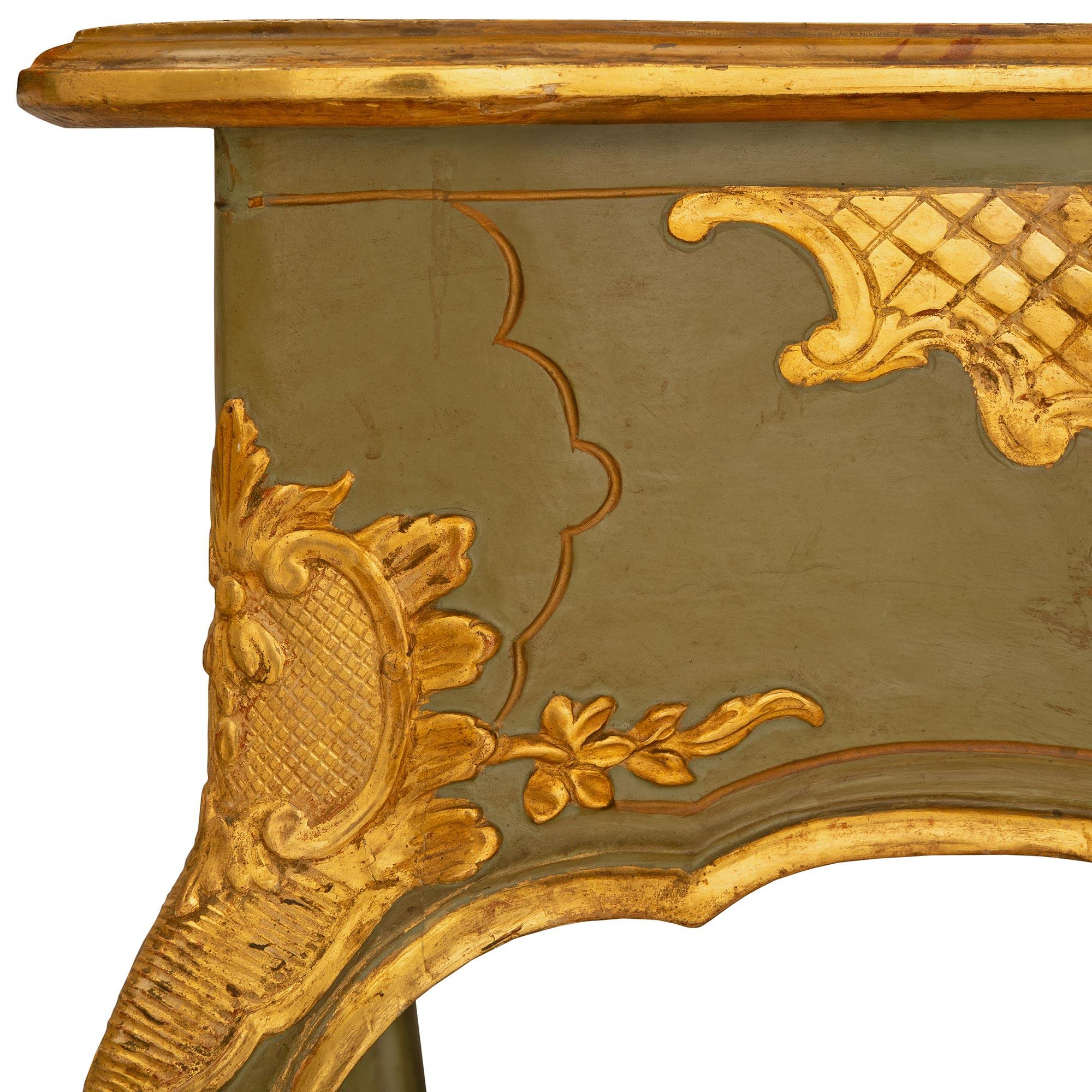 Italian 18th Century Louis XV Period Patinated Green and Gilt Console For Sale 1