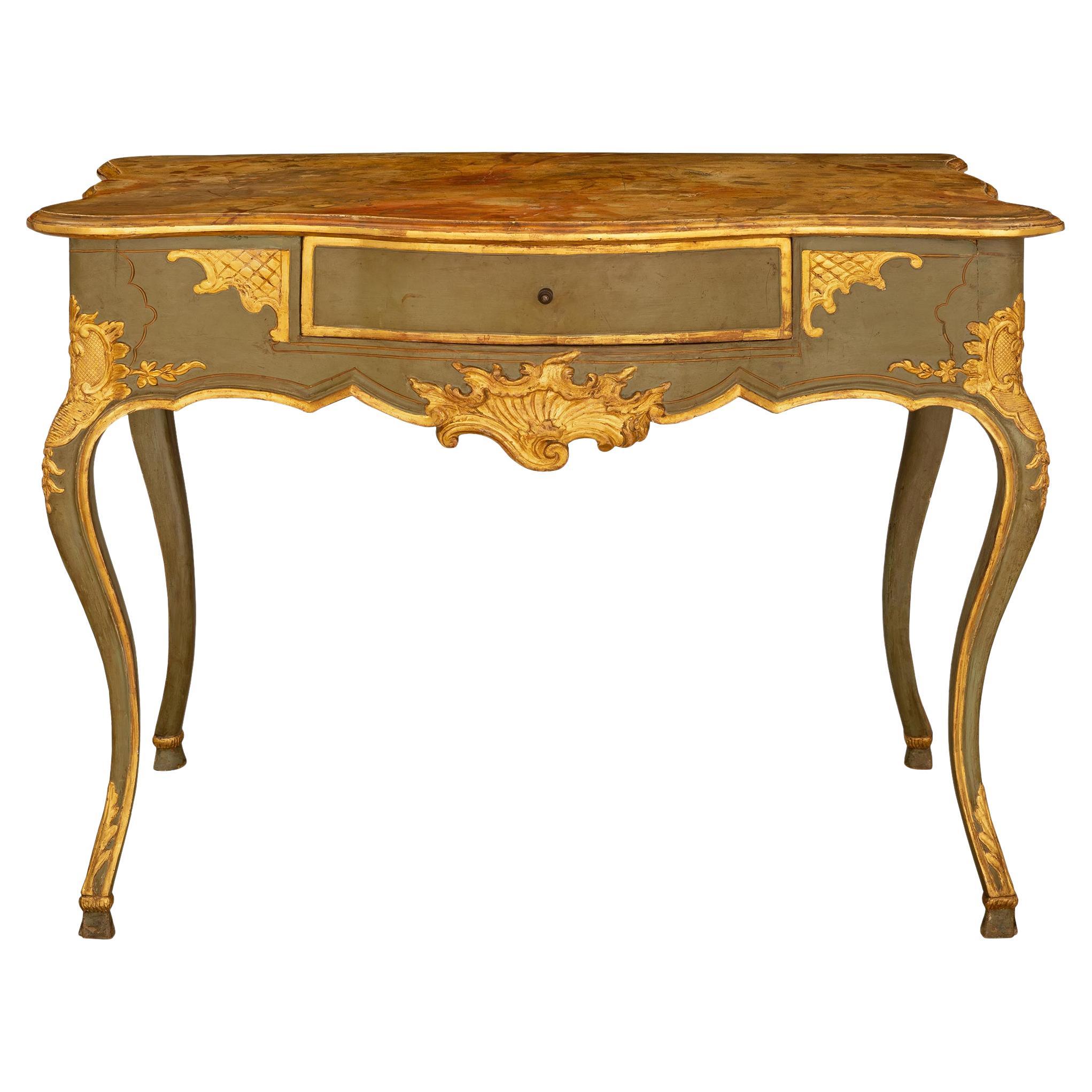 Italian 18th Century Louis XV Period Patinated Green and Gilt Console For Sale