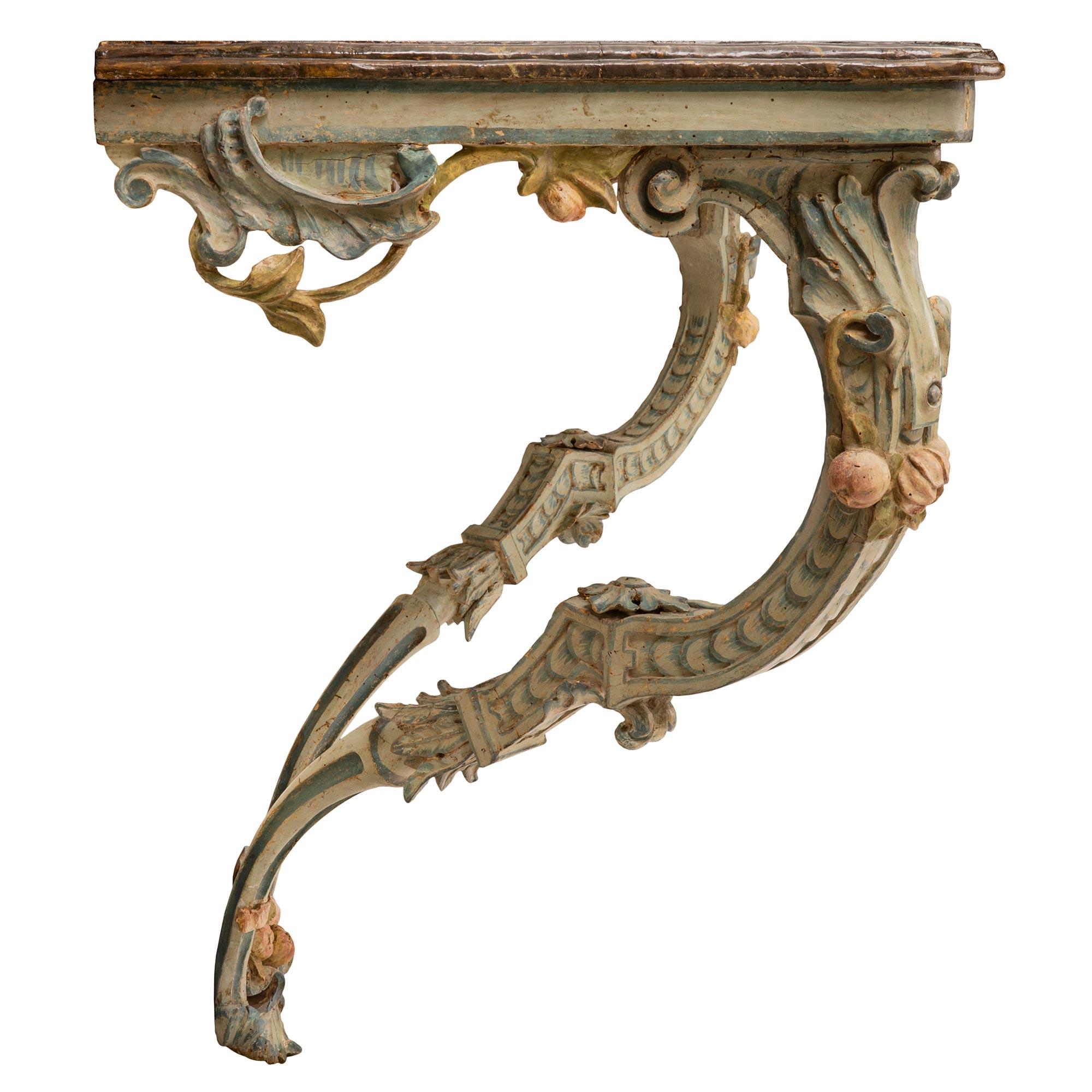 18th Century and Earlier  Italian 18th Century Louis XV Period Patinated Wood Wall Mounted Console For Sale