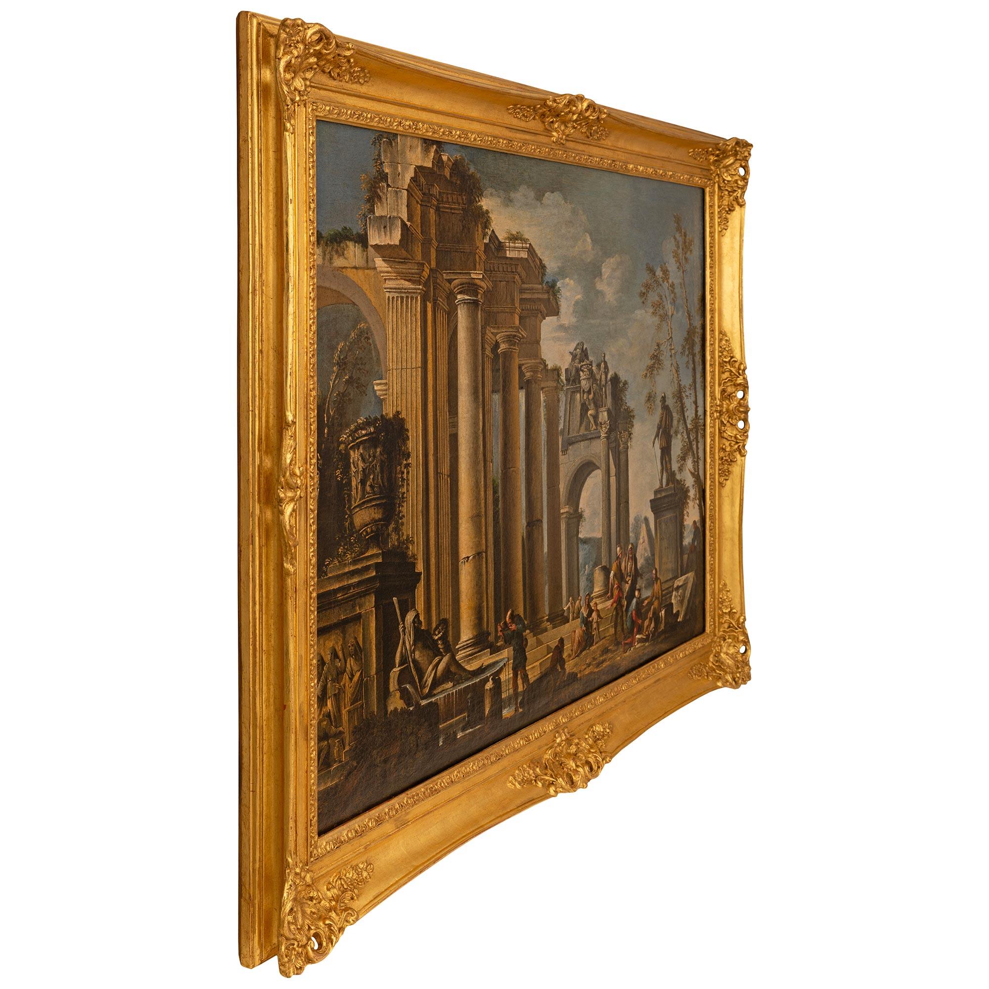 Painted Italian 18th century Louis XV st. Oil on Canvas and Giltwood painting For Sale