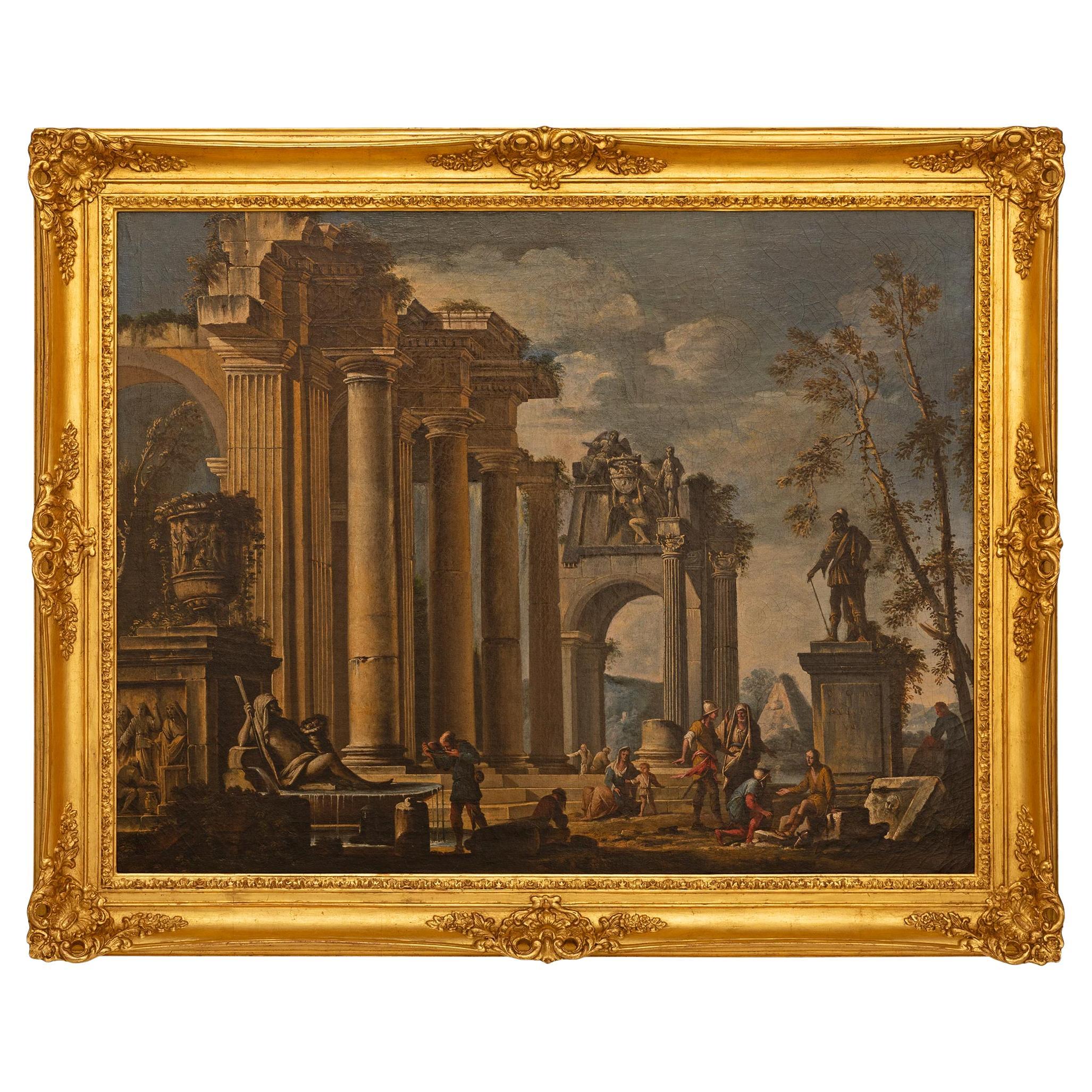 Dipinto italiano del 18° secolo Luigi XV st. Olio su tela e legno dorato