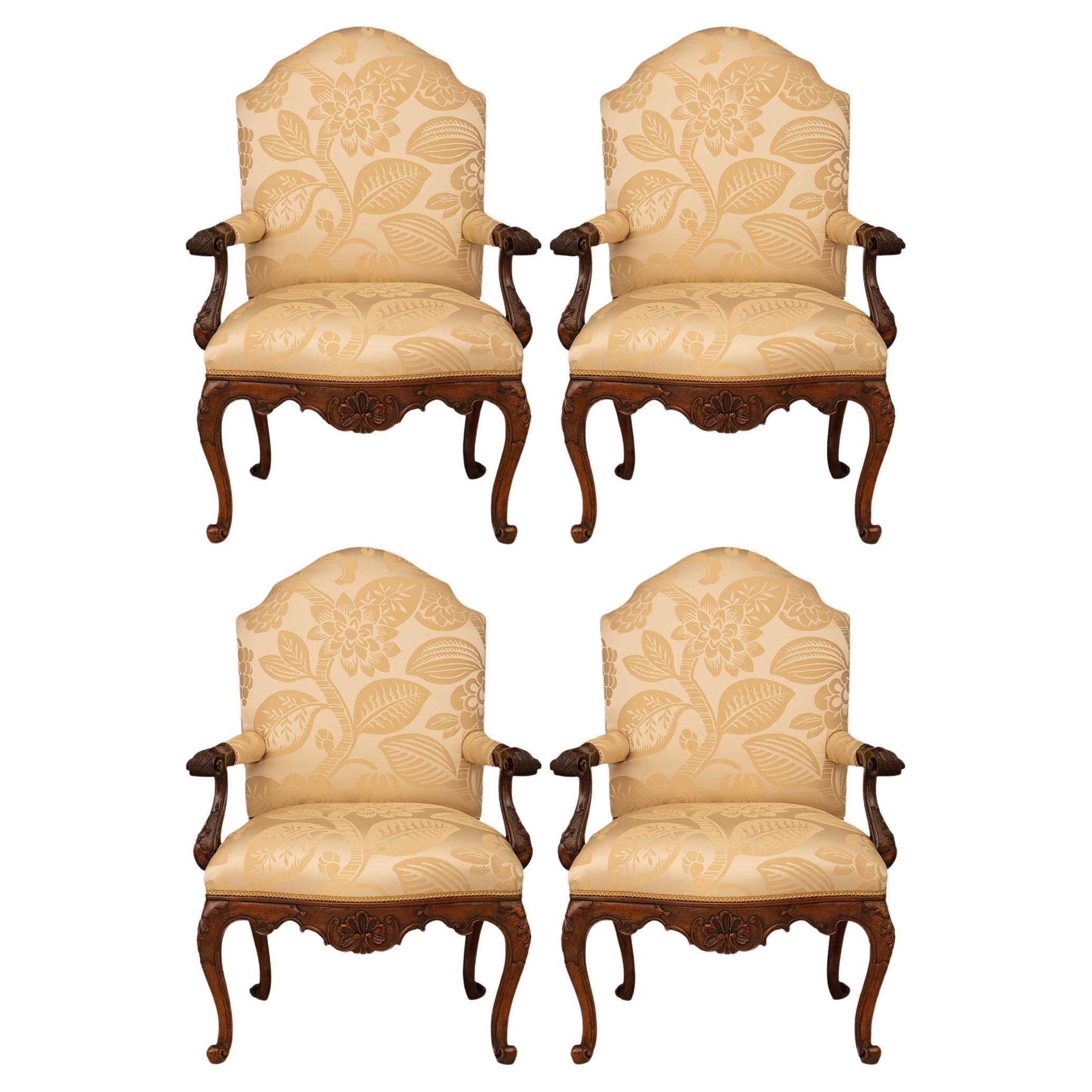 Set of four Italian 18th century Louis XV st. Walnut armchairs. For Sale