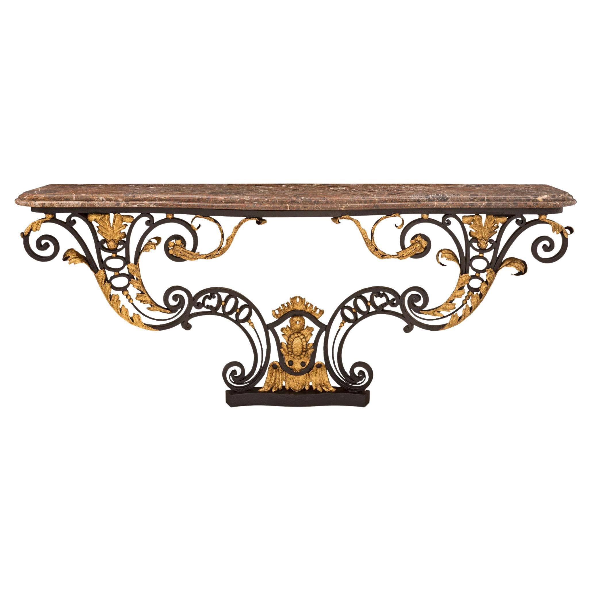 Italian 18th Century Louis XV St. Wrought Iron, Gilt Metal, and Marble Console