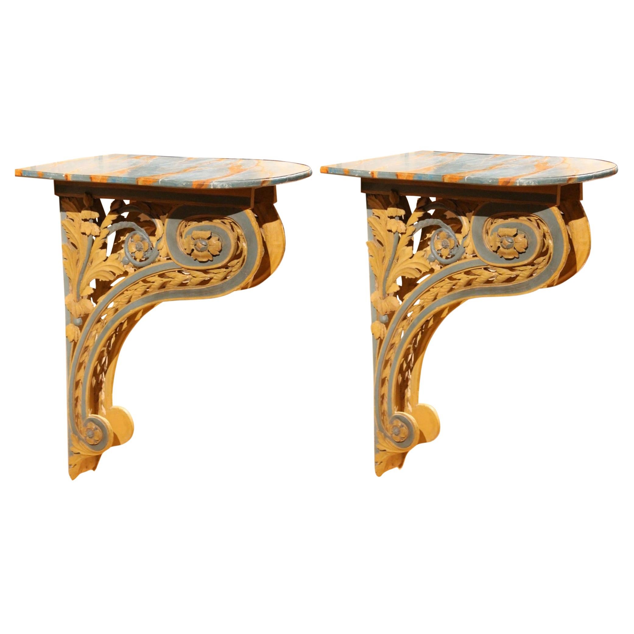Italian 18th Century Louis XVI Carved and Lacquer Wall Mounted Console Tables