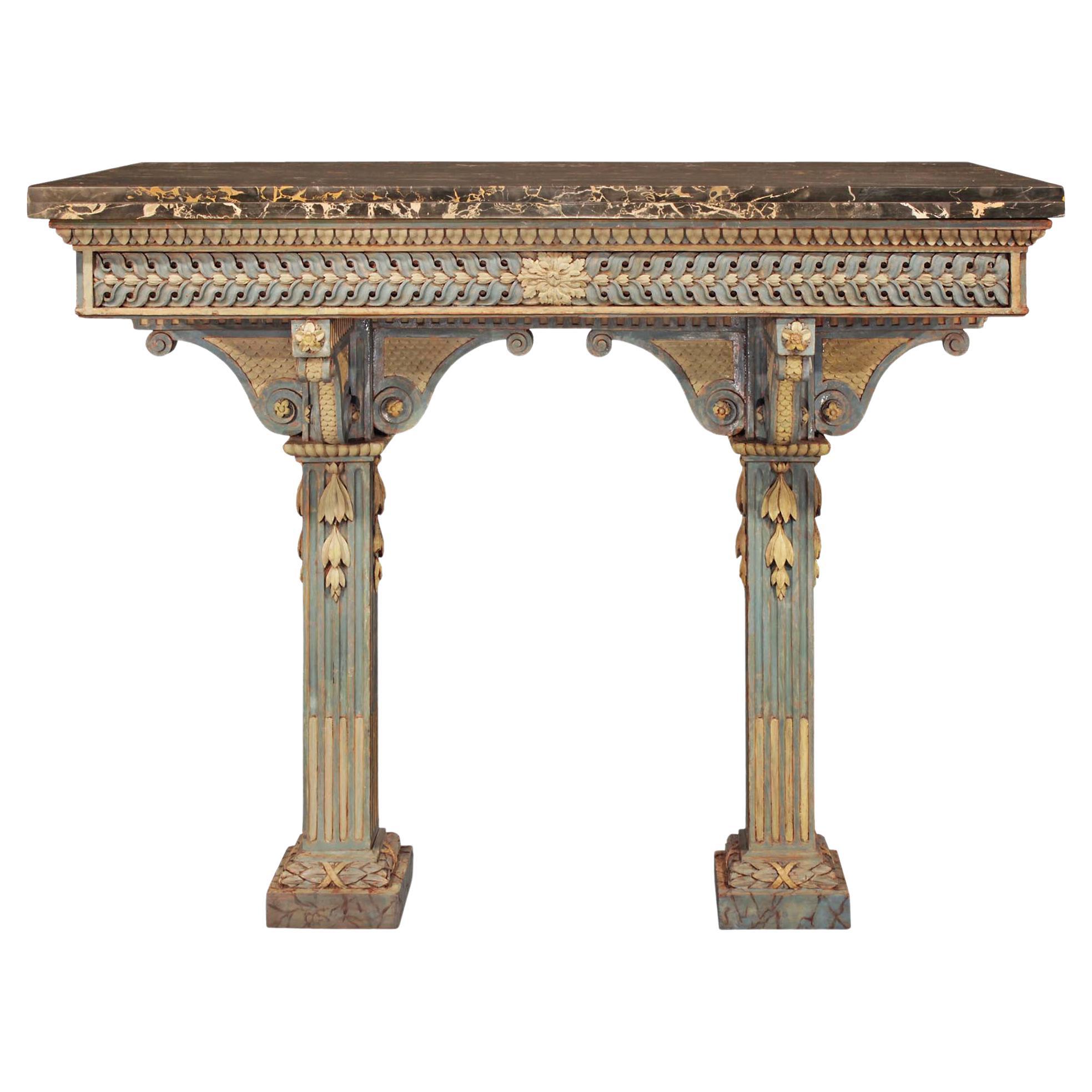 Console italienne d'époque Louis XVI du 18ème siècle en os, bois patiné et marbre