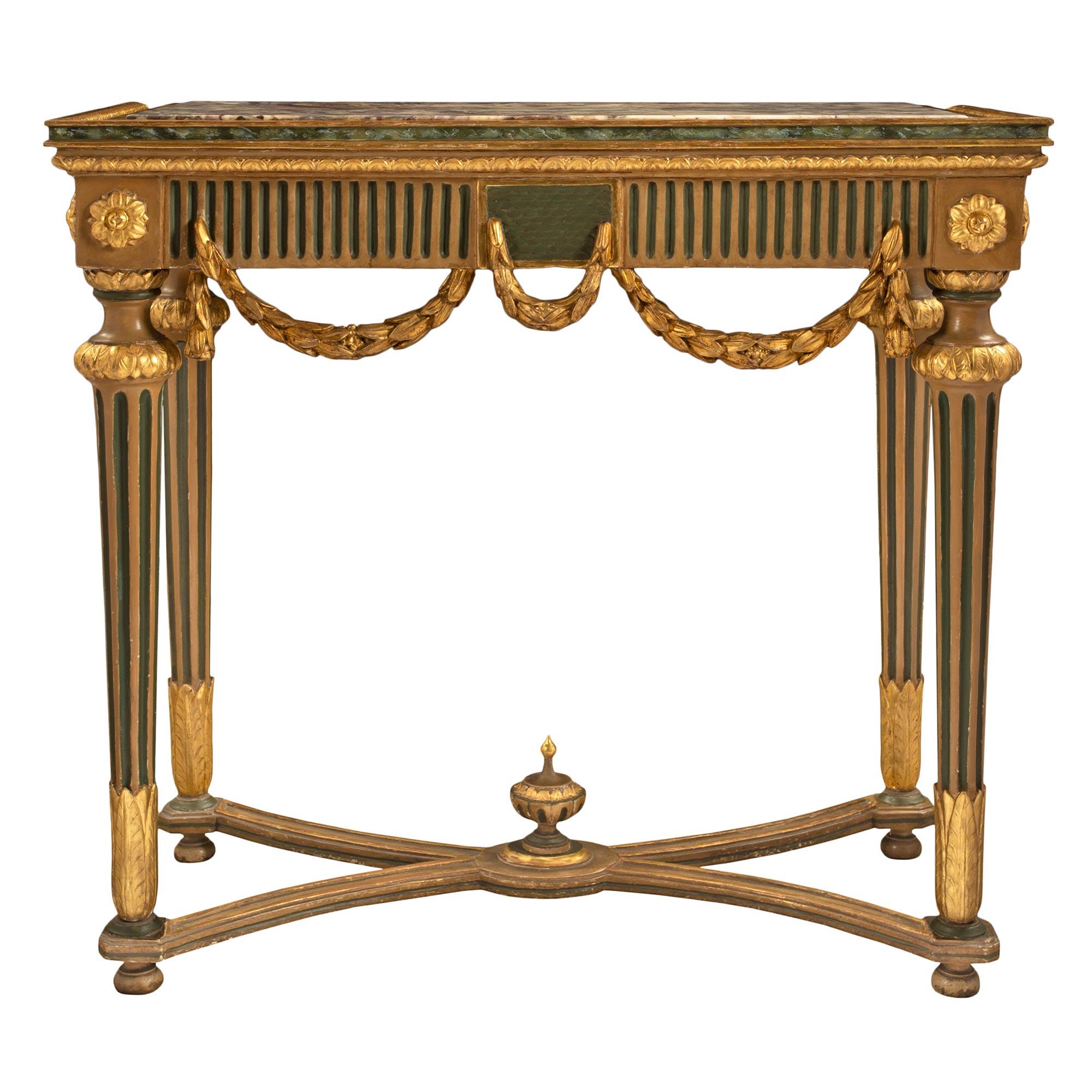 Console italienne d'époque Louis XVI du 18ème siècle en bois doré et marbre
