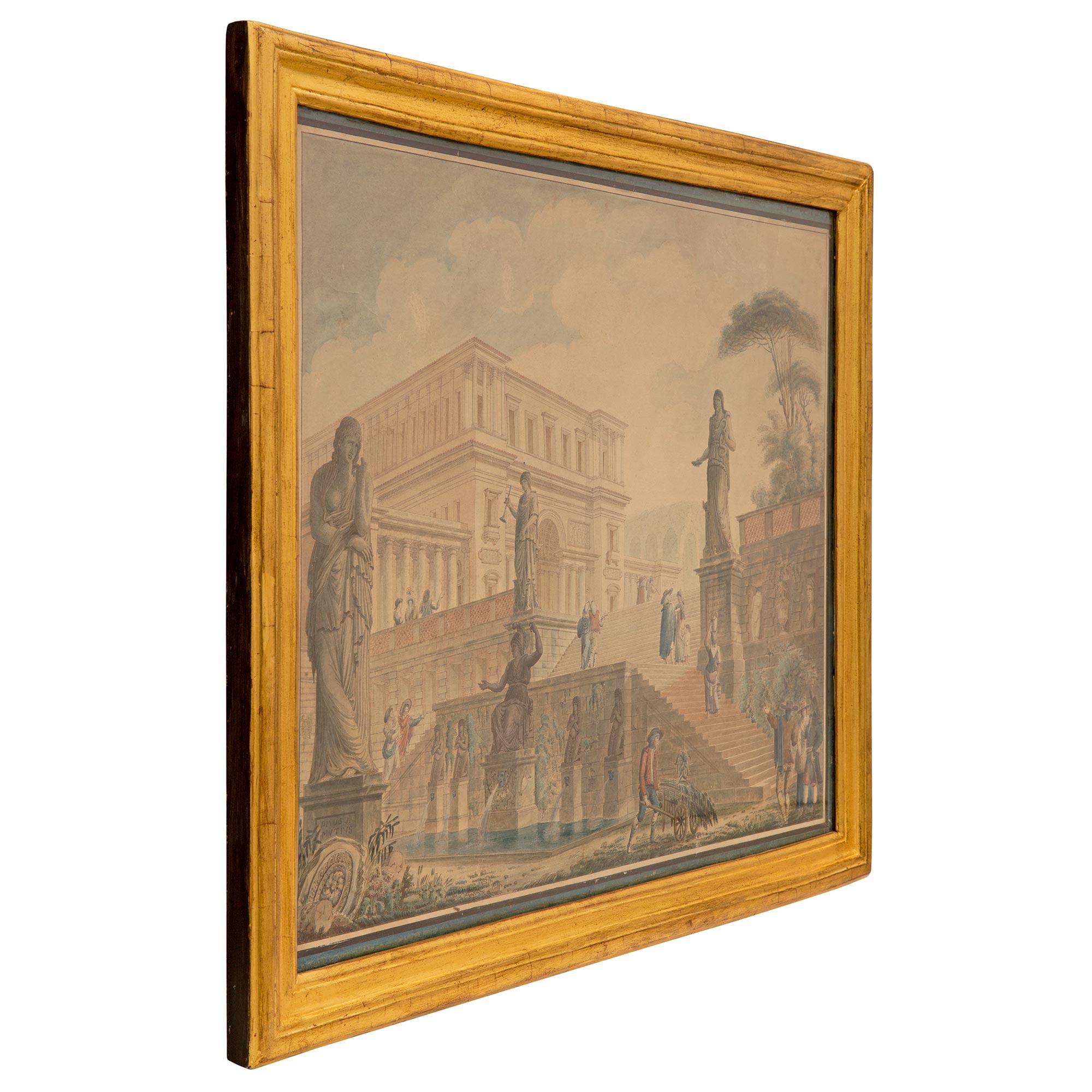 A beautiful Italian 18th century Louis XVI period Gouache in its original giltwood frame. The wonderfully executed painting depicts a stunning Italian structure with grand stairs leading up to a most impressive triumphal arch. At each side of the