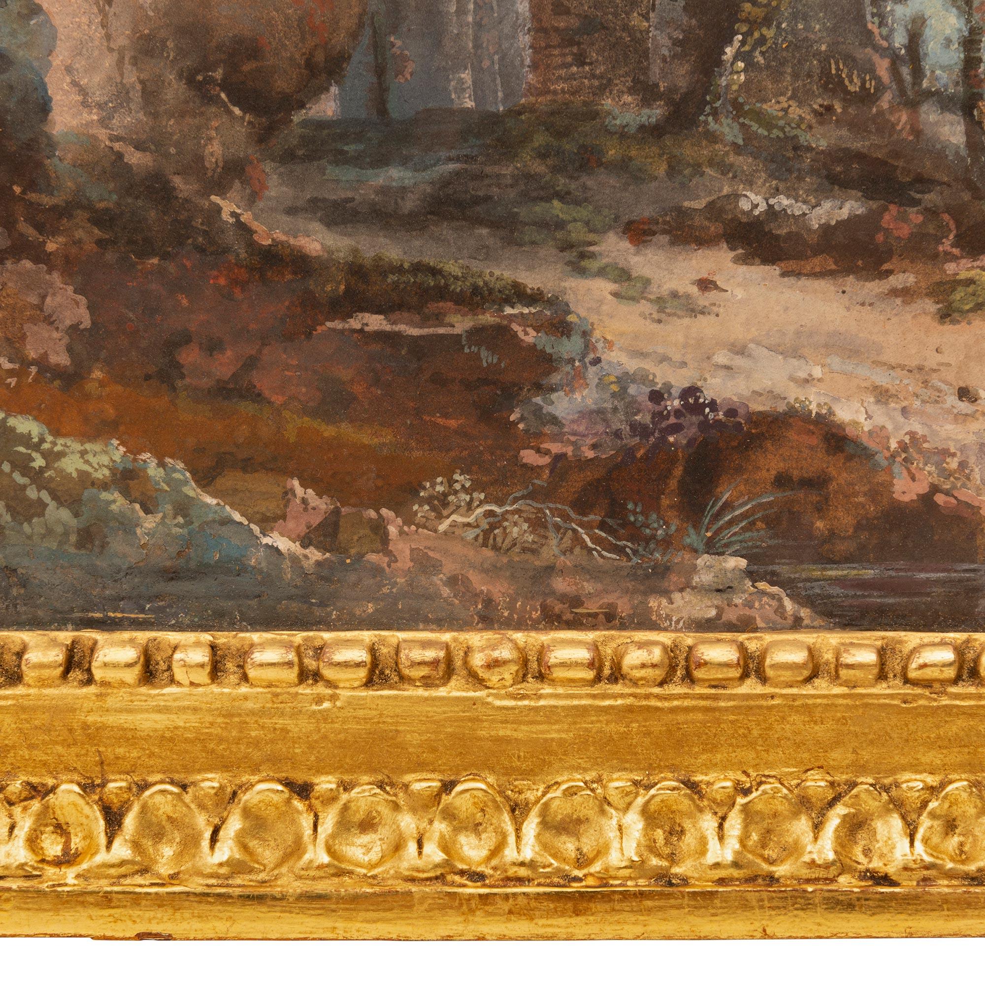 Gouache italienne d'époque Louis XVI du 18ème siècle dans son cadre d'origine en bois doré en vente 3