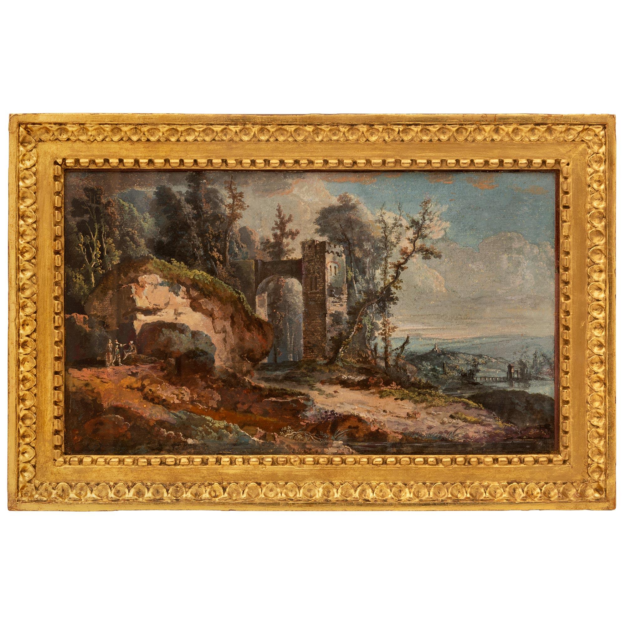 Gouache italienne d'époque Louis XVI du 18ème siècle dans son cadre d'origine en bois doré en vente