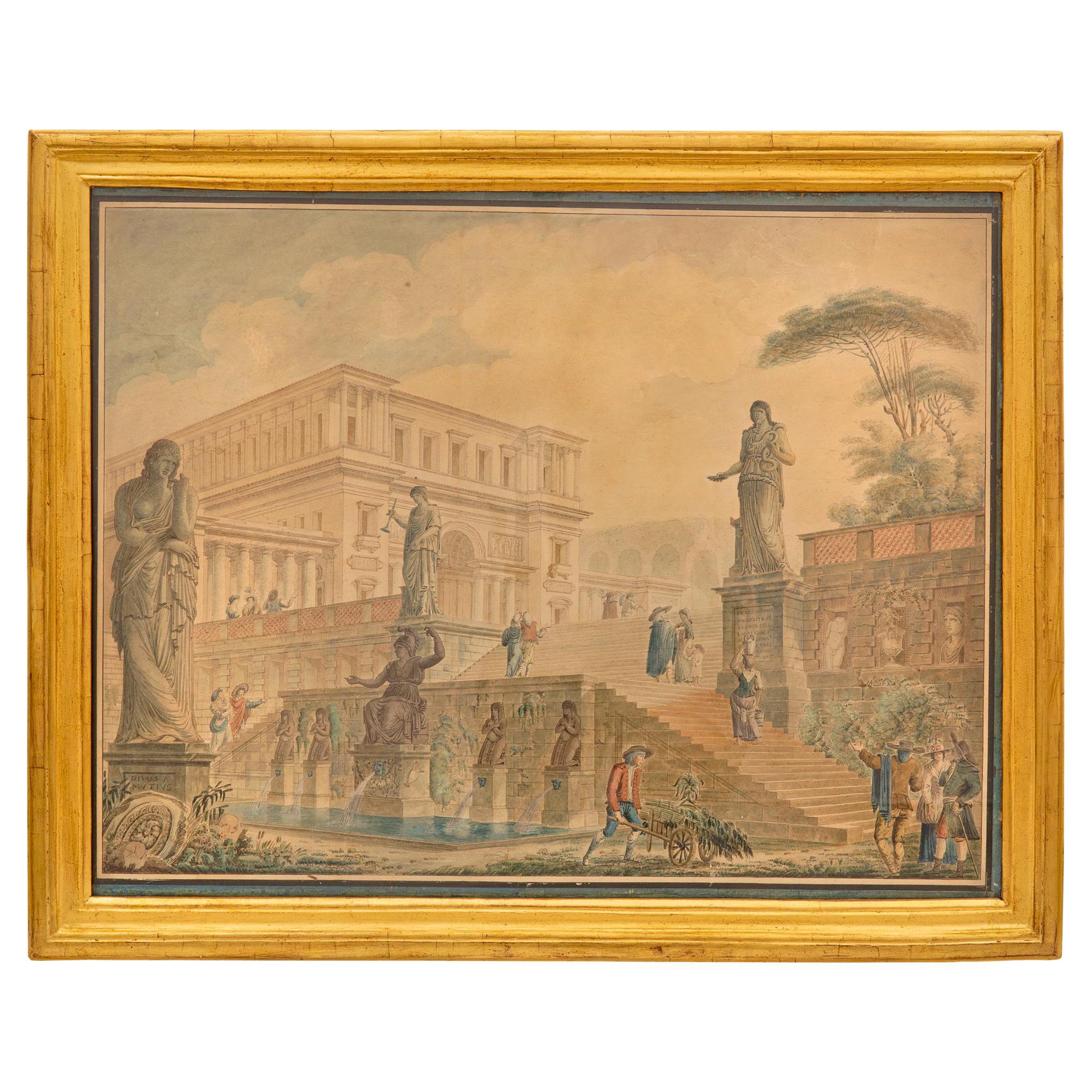 Italian 18th Century Louis XVI Period Gouache in Its Original Giltwood Frame For Sale