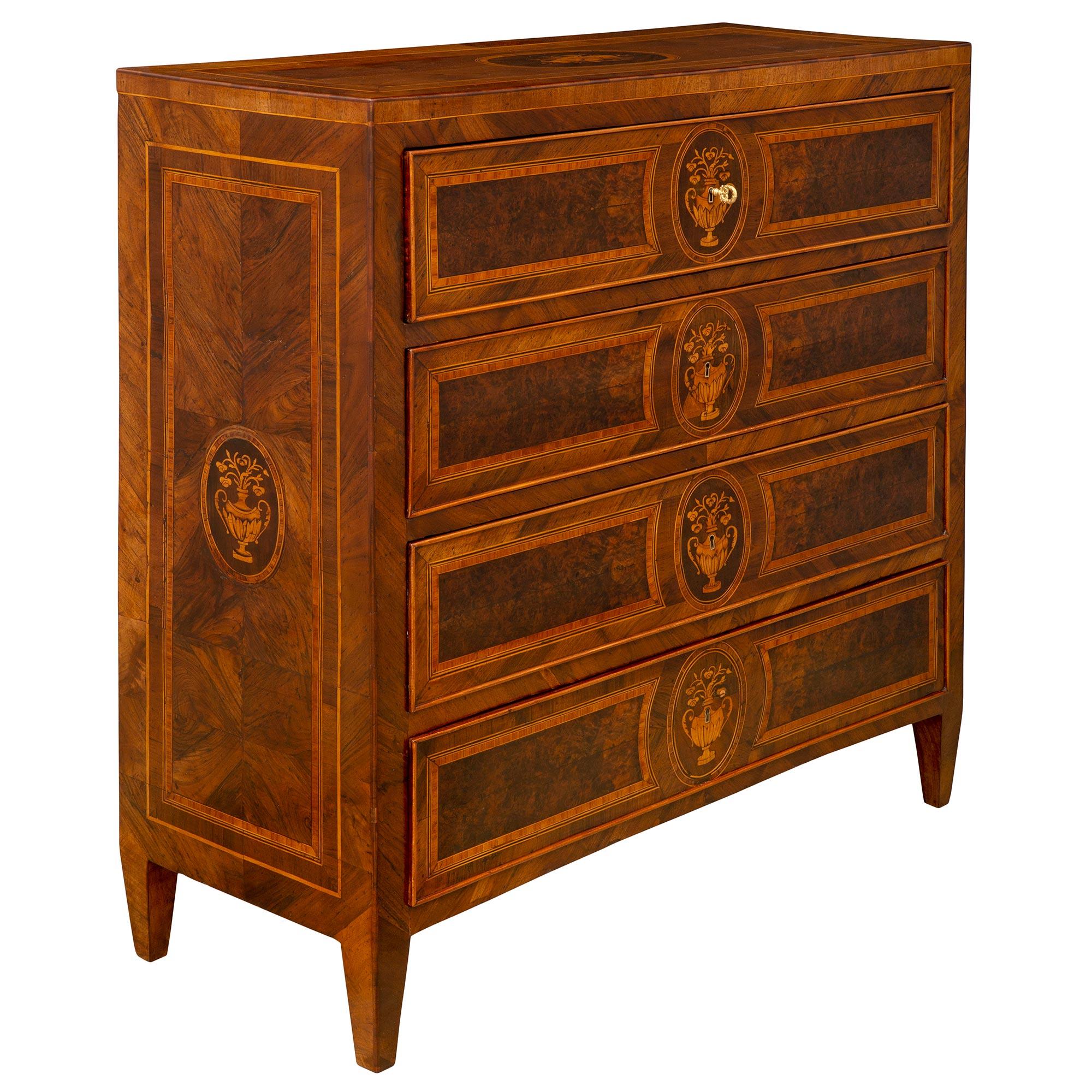 Italian 18th Century Louis XVI Period Walnut, Burl Walnut, And Tulipwood Commode In Good Condition For Sale In West Palm Beach, FL