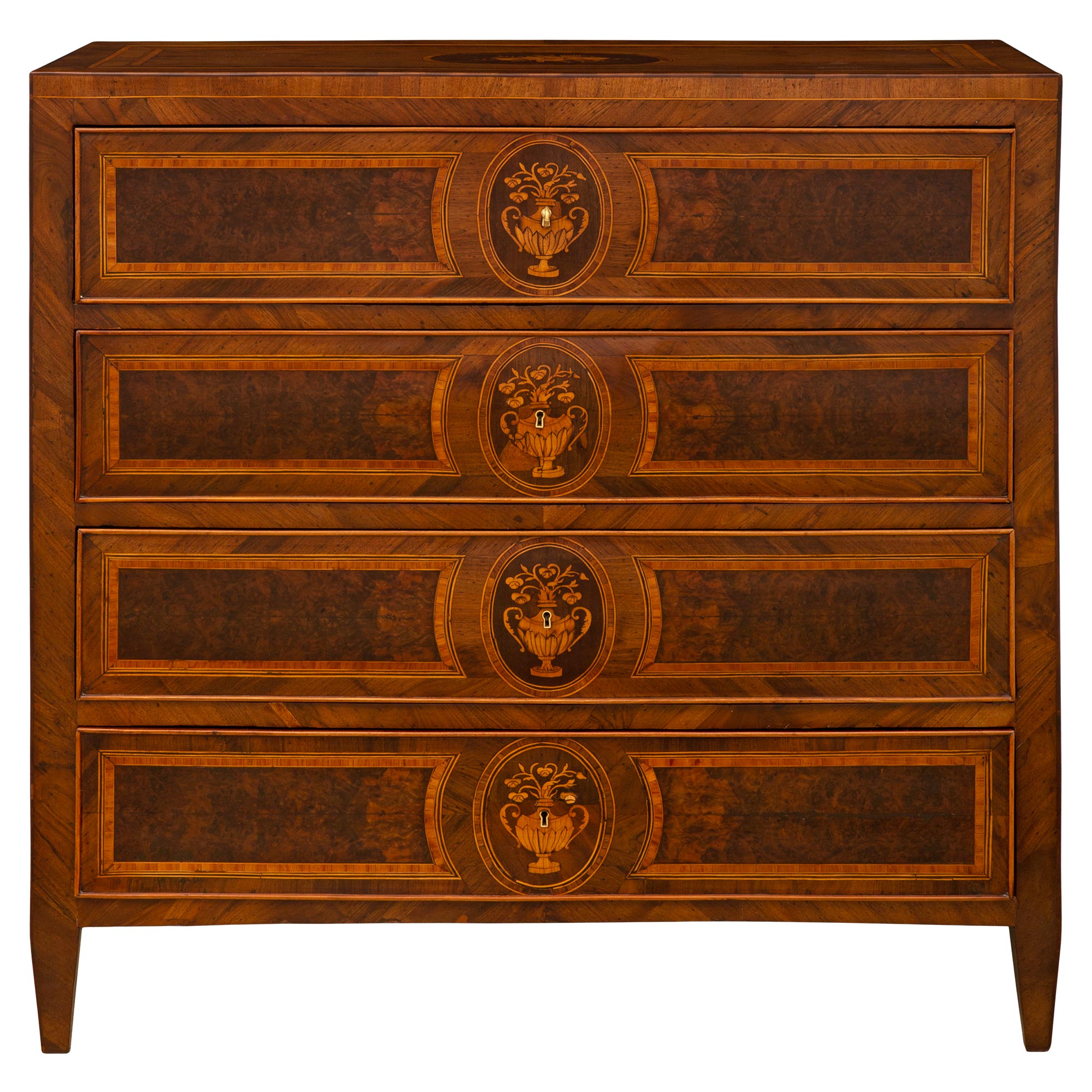 Italian 18th Century Louis XVI Period Walnut, Burl Walnut, And Tulipwood Commode For Sale