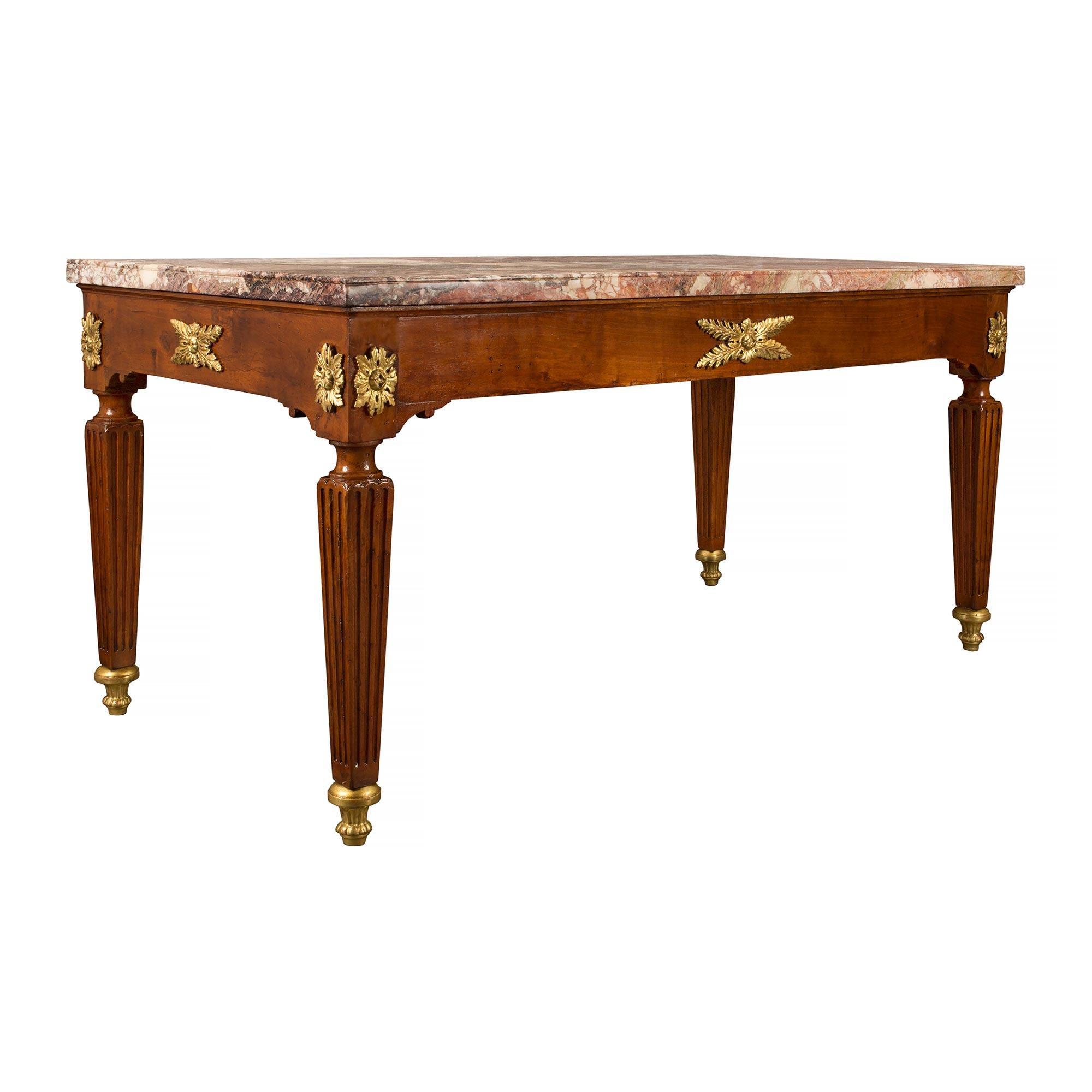 Italian 18th Century Louis XVI Period Walnut, Giltwood and Marble Center Table In Good Condition For Sale In West Palm Beach, FL