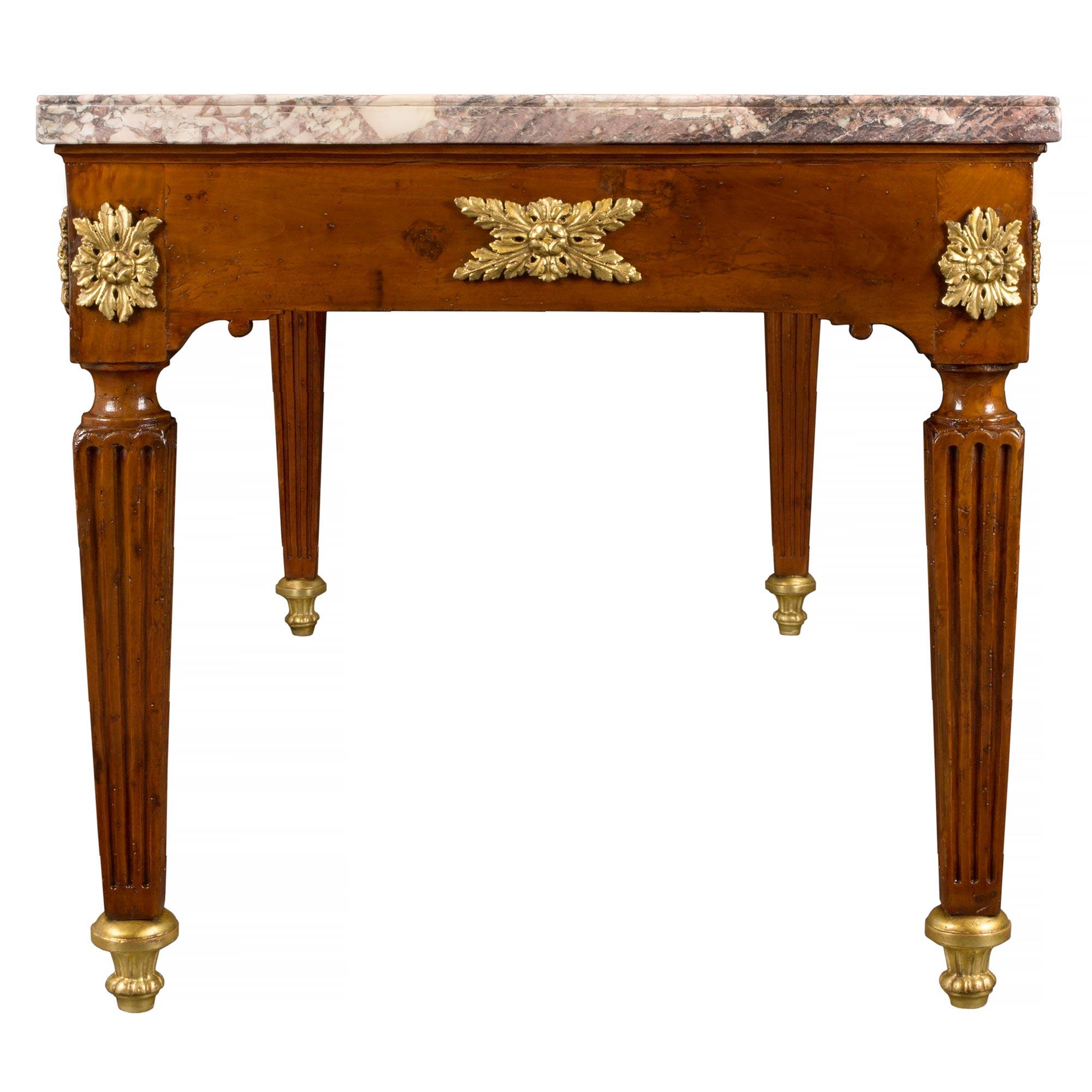 18th Century and Earlier Italian 18th Century Louis XVI Period Walnut, Giltwood and Marble Center Table For Sale