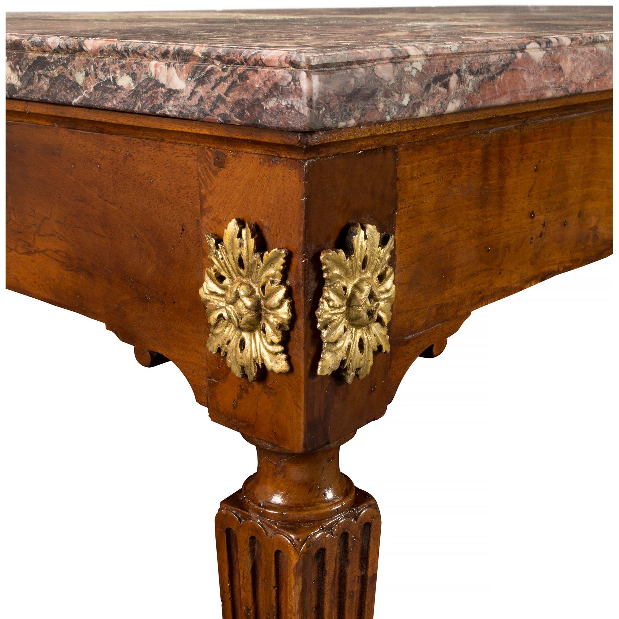 Italian 18th Century Louis XVI Period Walnut, Giltwood and Marble Center Table For Sale 1