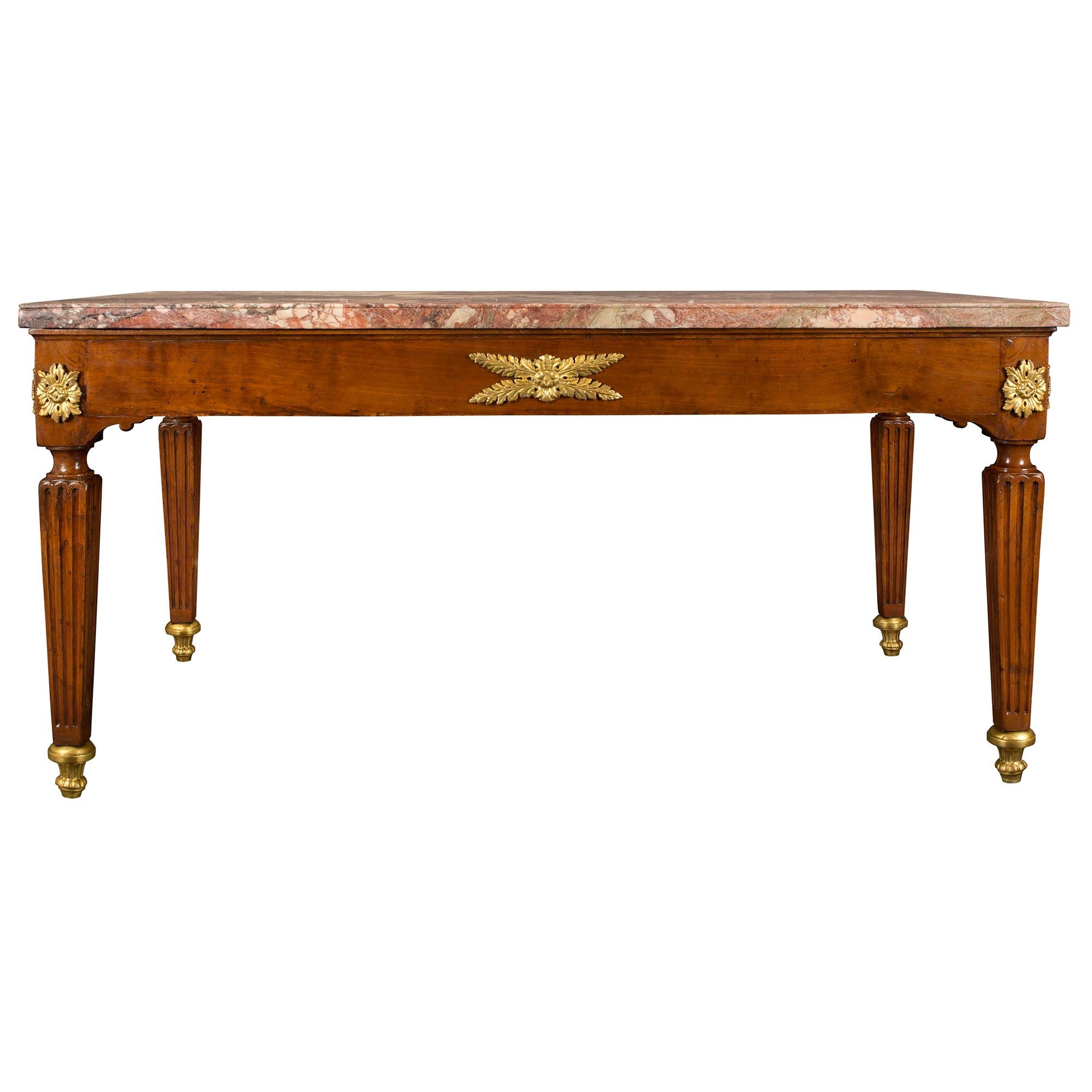 Italian 18th Century Louis XVI Period Walnut, Giltwood and Marble Center Table For Sale