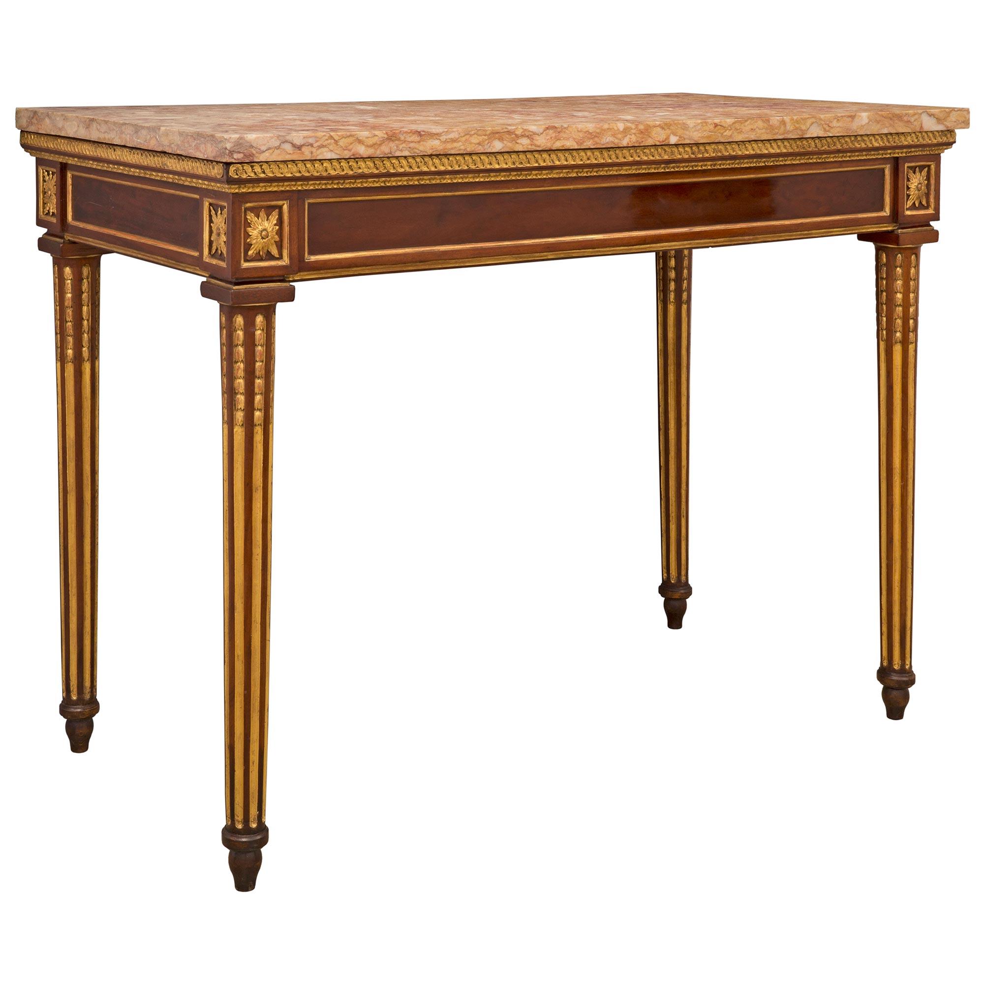 Italian 18th Century Louis XVI St. Walnut, Giltwood and Marble Center Table In Good Condition For Sale In West Palm Beach, FL